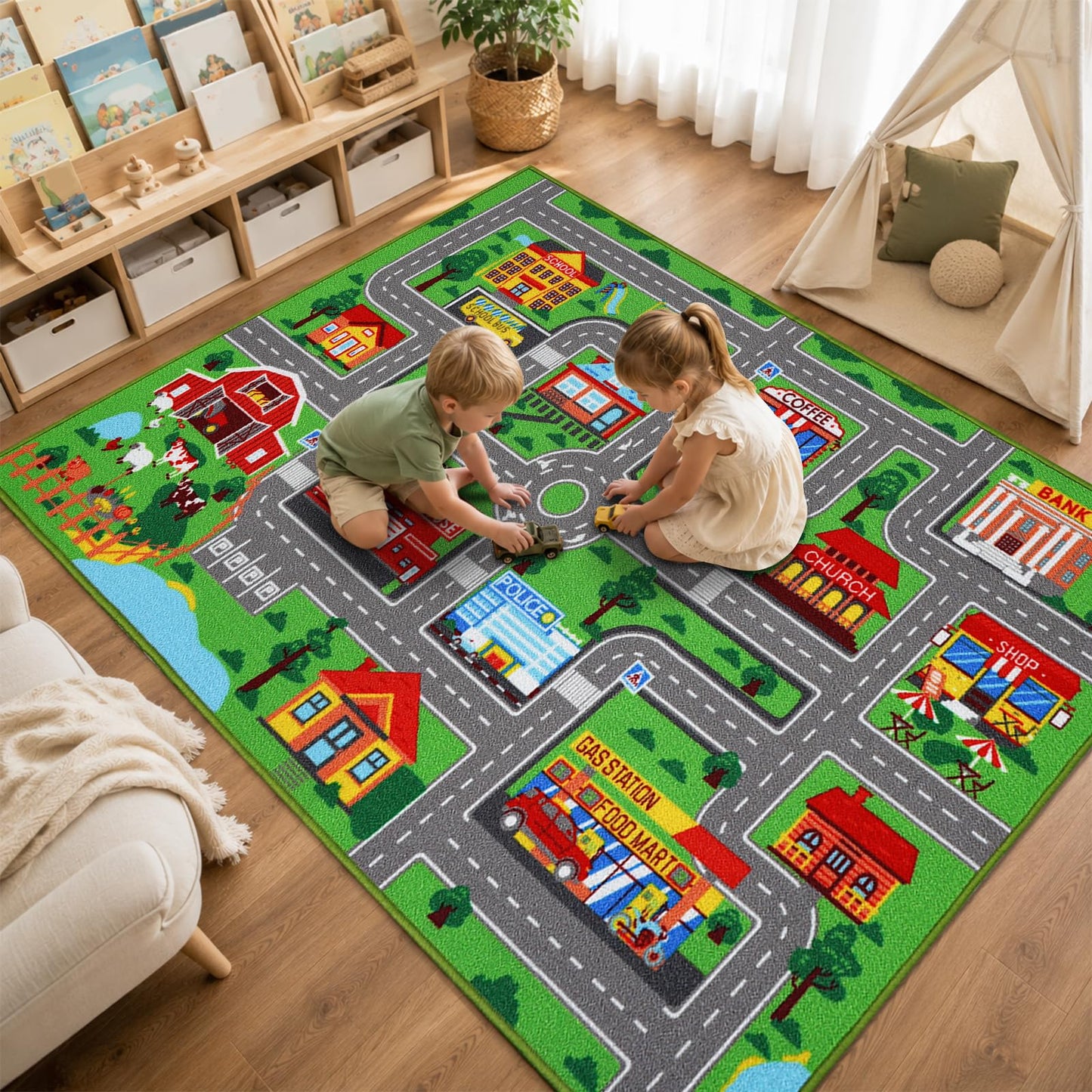 Kids Carpet Playmat Rug 59"x39.4", Car Rug for Kids Cars, Non-Slip Town City Road Map Kids Rugs for Playroom Bedroom Boys, Kids Cars Play Mat Track Road Rugs for Kid(59X39.4Inch,Green)