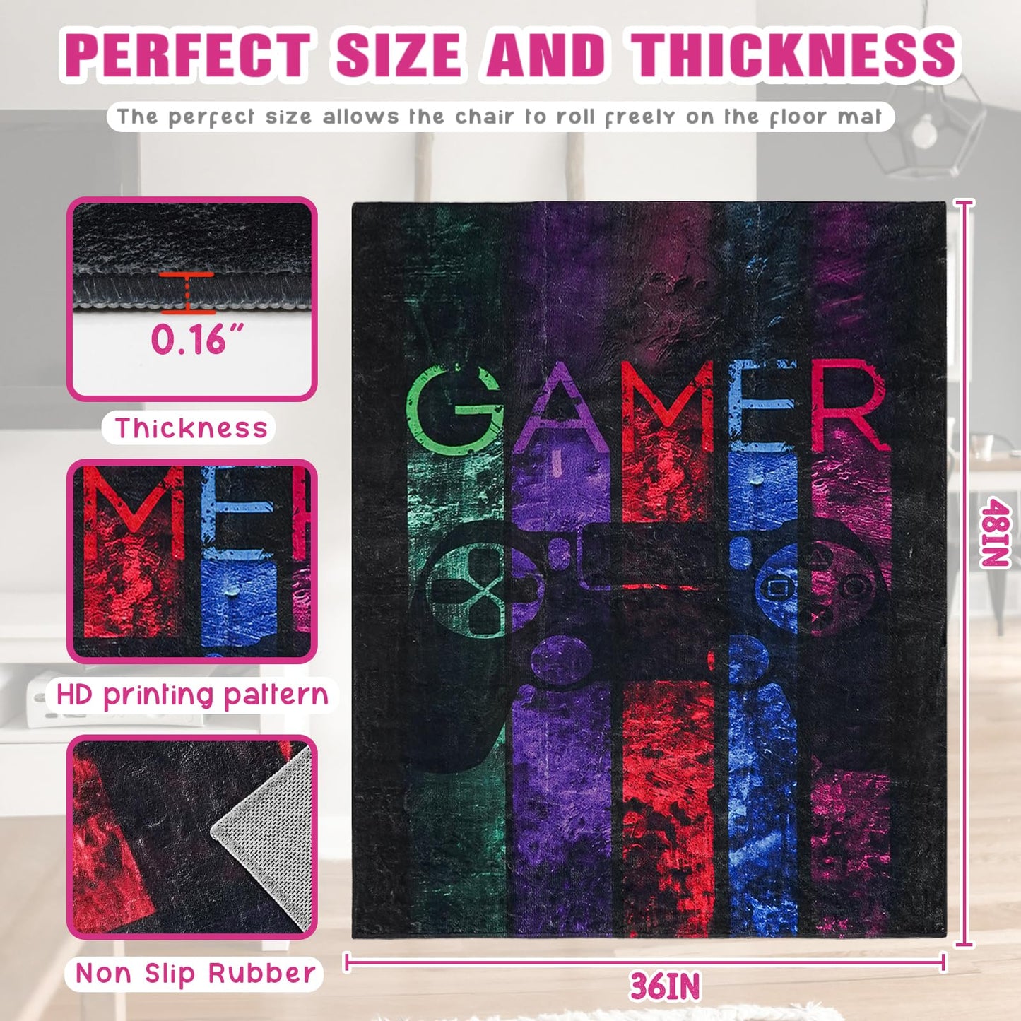 Gaming Chair Mat for Hardwood Floor 36"X 48" Heavy Duty Office Desk Chair Rug for Under Game Rolling Chairs Computer Decor Protect Mats Low Pile Non-Slip Rubber for Carpet & Tile Floor-Game