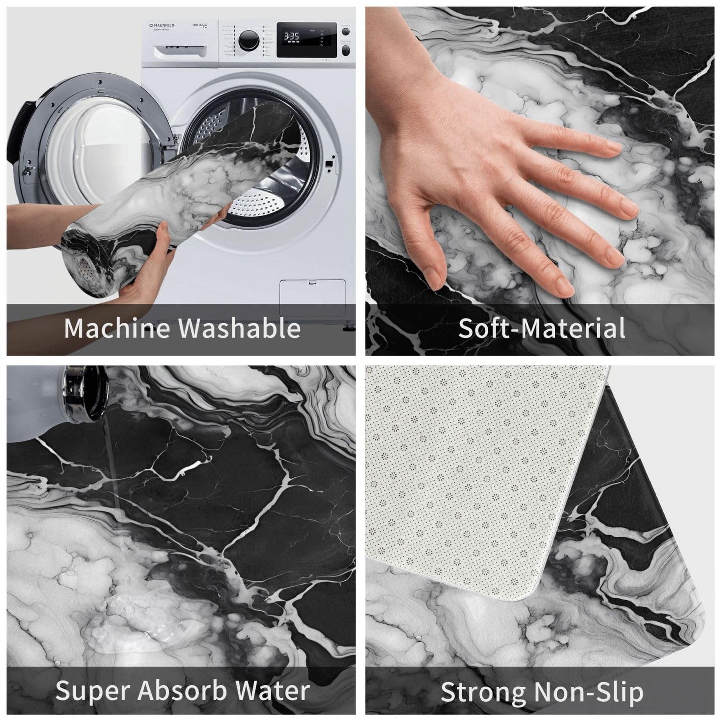 Sovvin Black and White Marble Bath Mat, Non-Slip Microfiber Rug, Soft Absorbent Kitchen Door Mat for Bathroom,Bedroom, 16x24 Inches