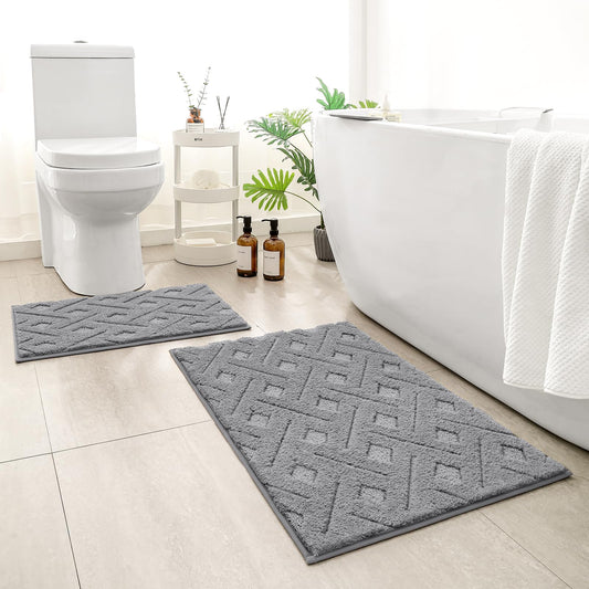 HOMEIDEAS Grey Bathroom Rug Set 2 Piece, Soft Microfiber Tufted Bath Mats, Super Absorbent Non Slip, Machine Washable Bathroom Rugs for Tub, Shower and Floor, 20" x 32" Plus 16" x 24"