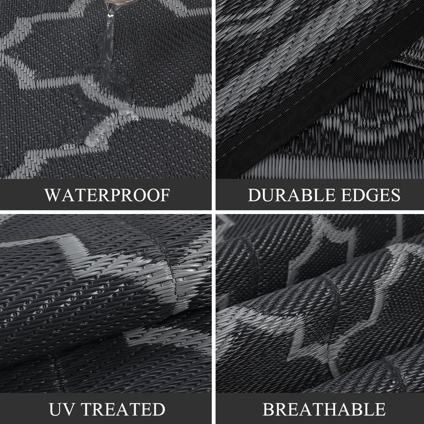 GarveeHome 9x12 Outdoor Rug for Patio Reversible Camping Carpet Waterproof Plastic Straw Rug,Foldable Area Rugs Mats for RV, Picnic, Backyard, Deck, Balcony, Porch, Beach, Black/Grey