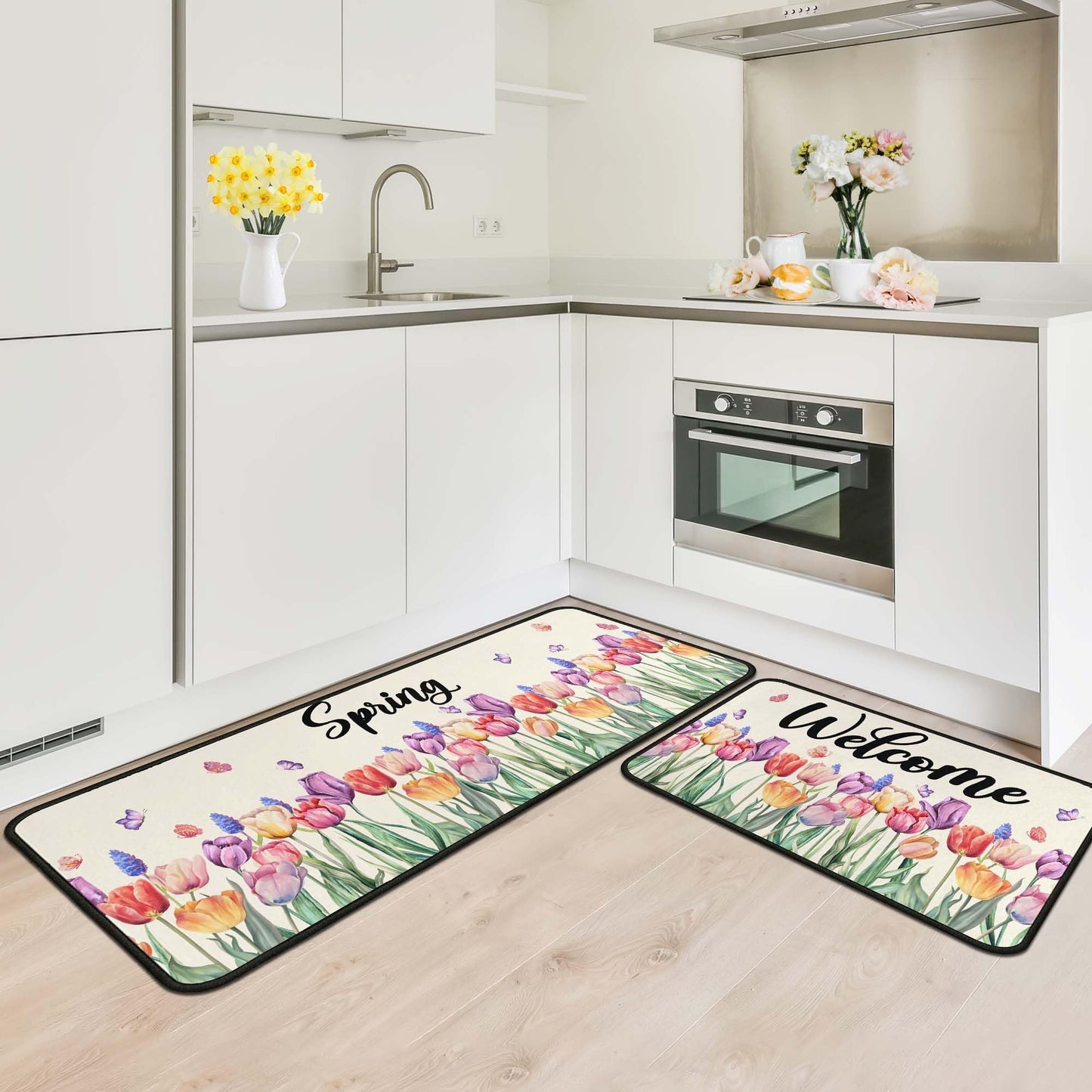 OUXIOAZ Tulip Floral Spring Decorative Kitchen Rugs Set of 2,Welcome Spring Summer Seasonal Holiday Decorations for Home Kitchen 17"x47"+17"x30"
