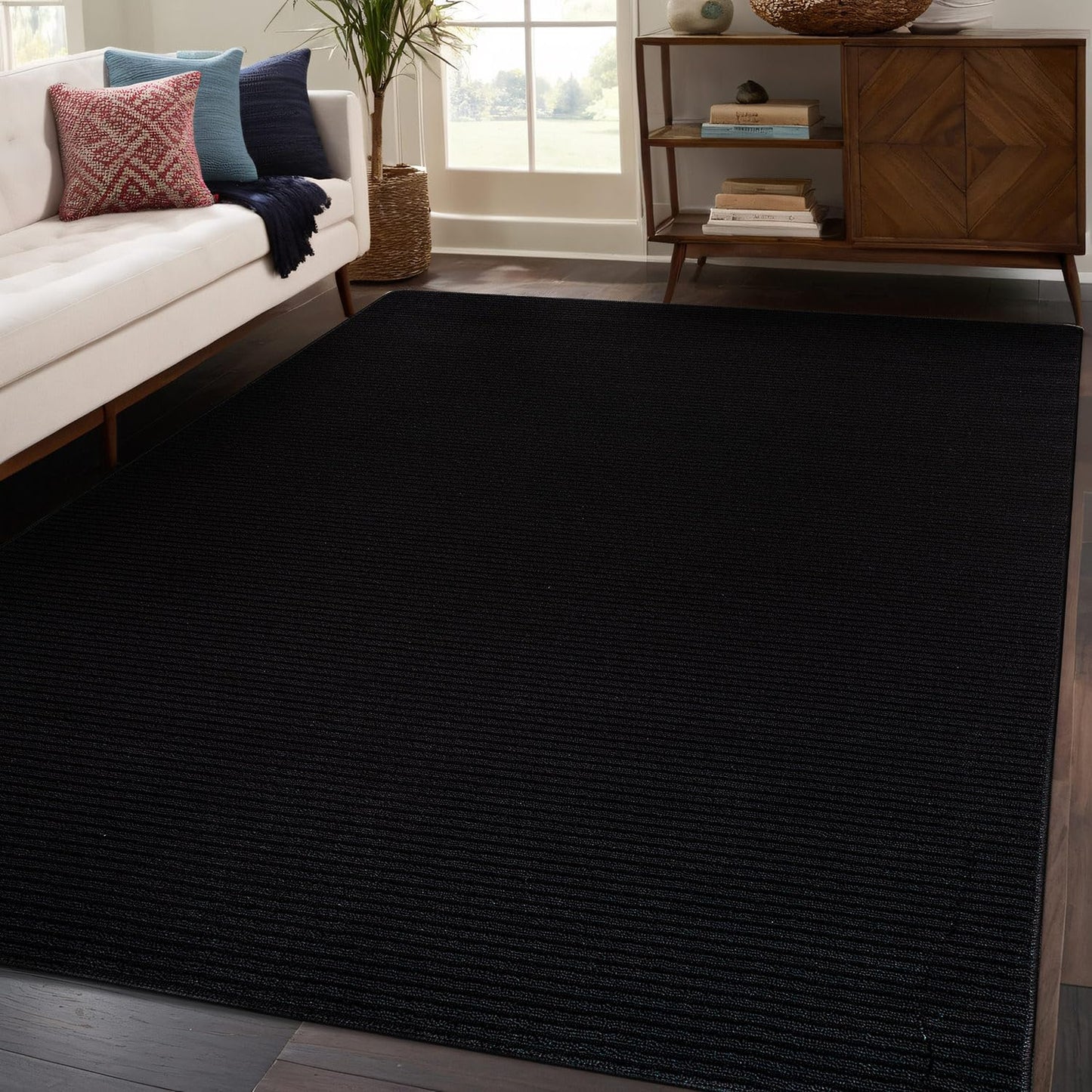 Beverly Rug Non-Slip Modern Rug 8x10 Solid Traditional Rubber Backing Machine Washable Soft Thin Indoor Area Rugs for Living Room Stain Resistant Non Shedding Casual Carpet (8 x 10 Black)