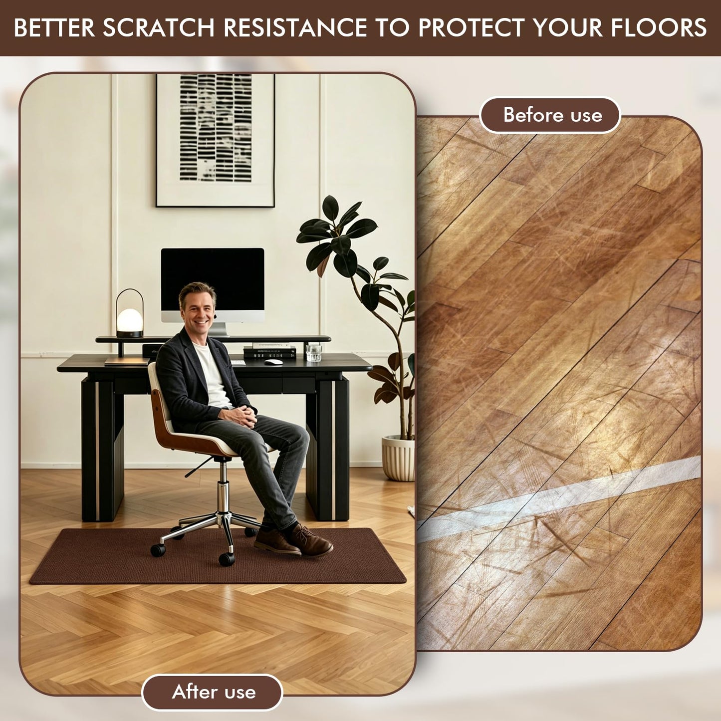 Office Chair Mat for Hardwood Floor, Anti-Slip Chair Mat for Gaming and Computer Desks, Large Floor Protector for Rolling Chair, Easy to Clean, 48"x36", Brown