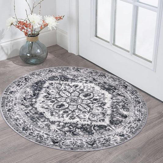 KOZYFLY Round Rug 3 Ft Rugs for Entryway Washable Circle Entrance Rug Non Slip Round Doormat Indoor Printed Faux Wool Round Front Door Mat Floor Carpet for Backdoor, Entryway, Bedroom, Grey
