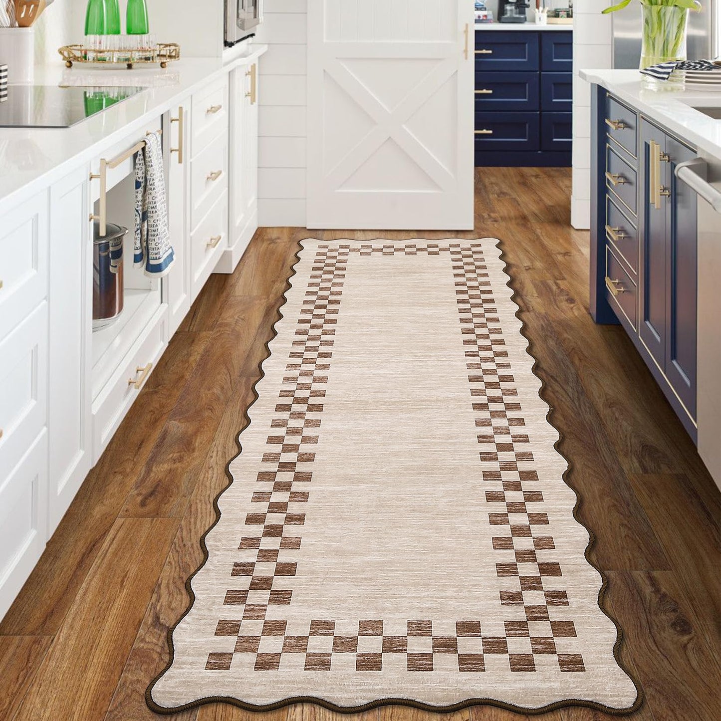 GarveeHome Hallway Runner Rug 2x6 Non Slip Scalloped Washable Rug for Kitchen Entry Stain Resistant Modern Border Throw Floor Carpet Long Runner Mat for Bathroom Living Room Bedside, Beige