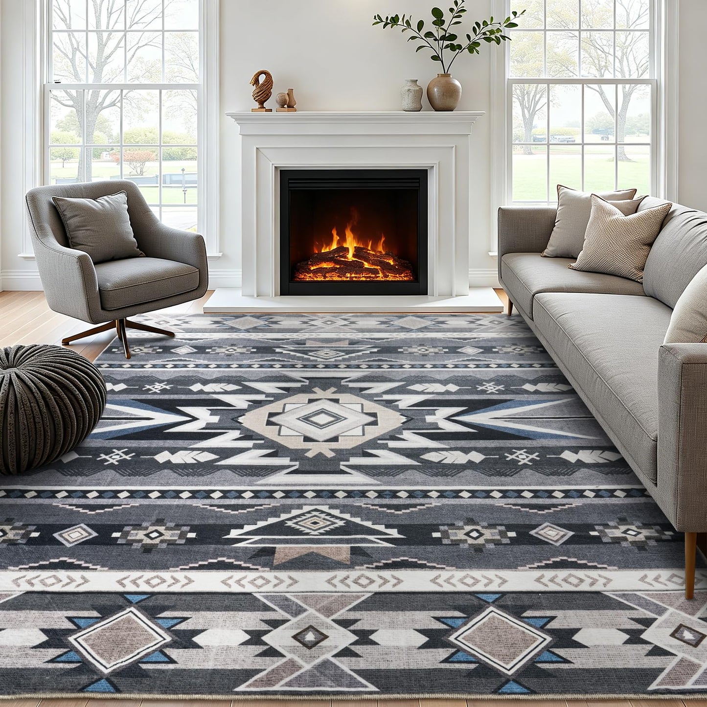 Western Rug for Living Room, 6x9 Non Slip Low Pile Aztec Rug for Bedroom, Dining Room Rugs for Under Table, Office, Large Machine Washable Area Rugs, Grey