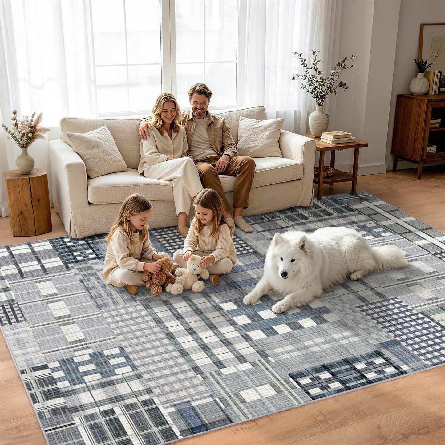 Rezutan Modern Geometric Plaid Distress Indoor Area Rug for Living Room, Blue Gray 5X 7 FT Large Rug Hardwood Floors Decor for Bedroom, Checkered Throw Carpet for Office Entryway Dining Room