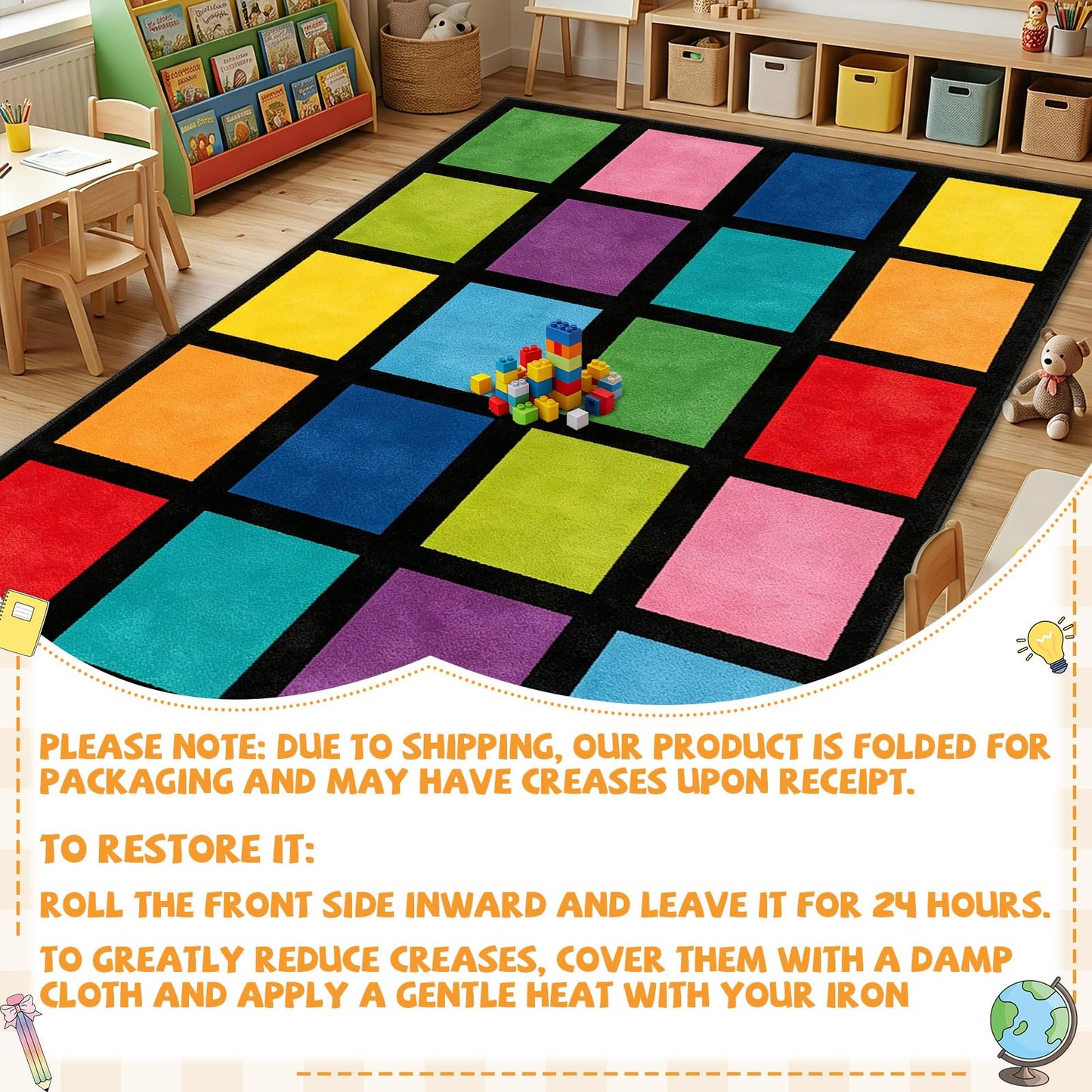 5x7.6 ft Rainbow Color Squares Classroom Rug Happy Squares Educational Area Mat Rainbow Themed Colorful Play Carpet Back to School Learning Mat for Elementary Preschool Nursery(Rainbow Color)