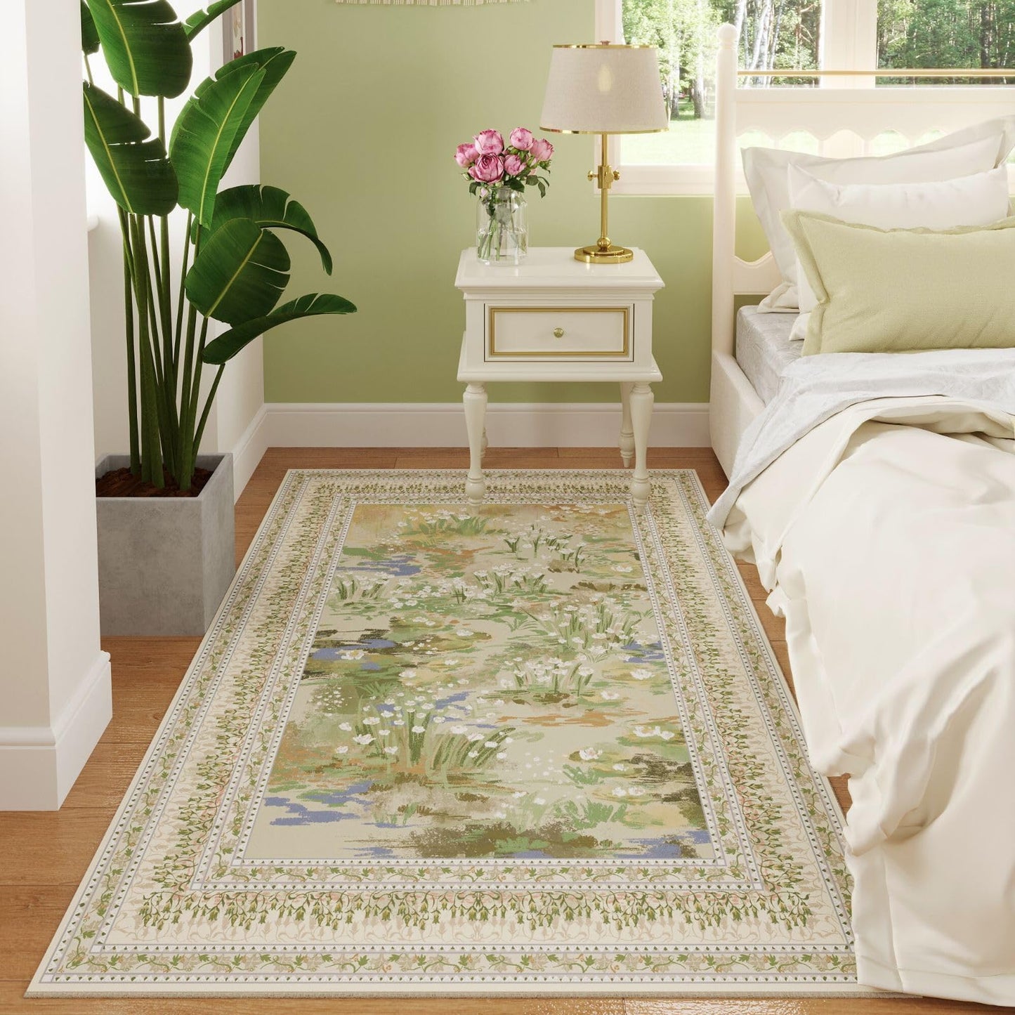 Rugcomf 4x6 Rug for Bedroom Impressionist-Style Vintage Washable Rugs Non Slip Low Pile Small Carpet for Bedside Kids Room Office Dining Room, Beige