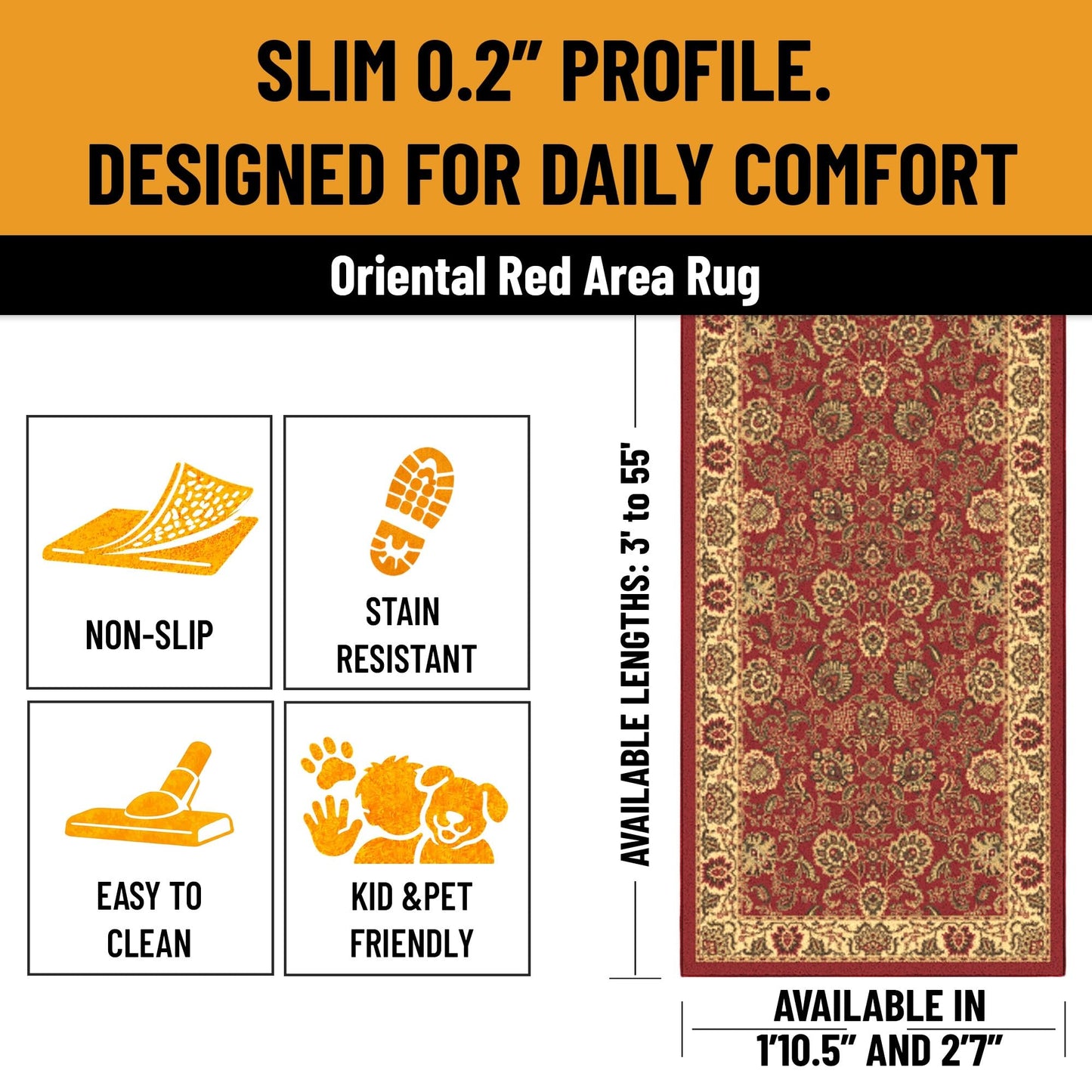 Ottomanson Front Door Mat – Non Slip Indoor Entryway Rug, Low Pile Stain Resistant Floor Mat for Mudroom & High Traffic Areas, 1'10.5" x 2', Red Oriental
