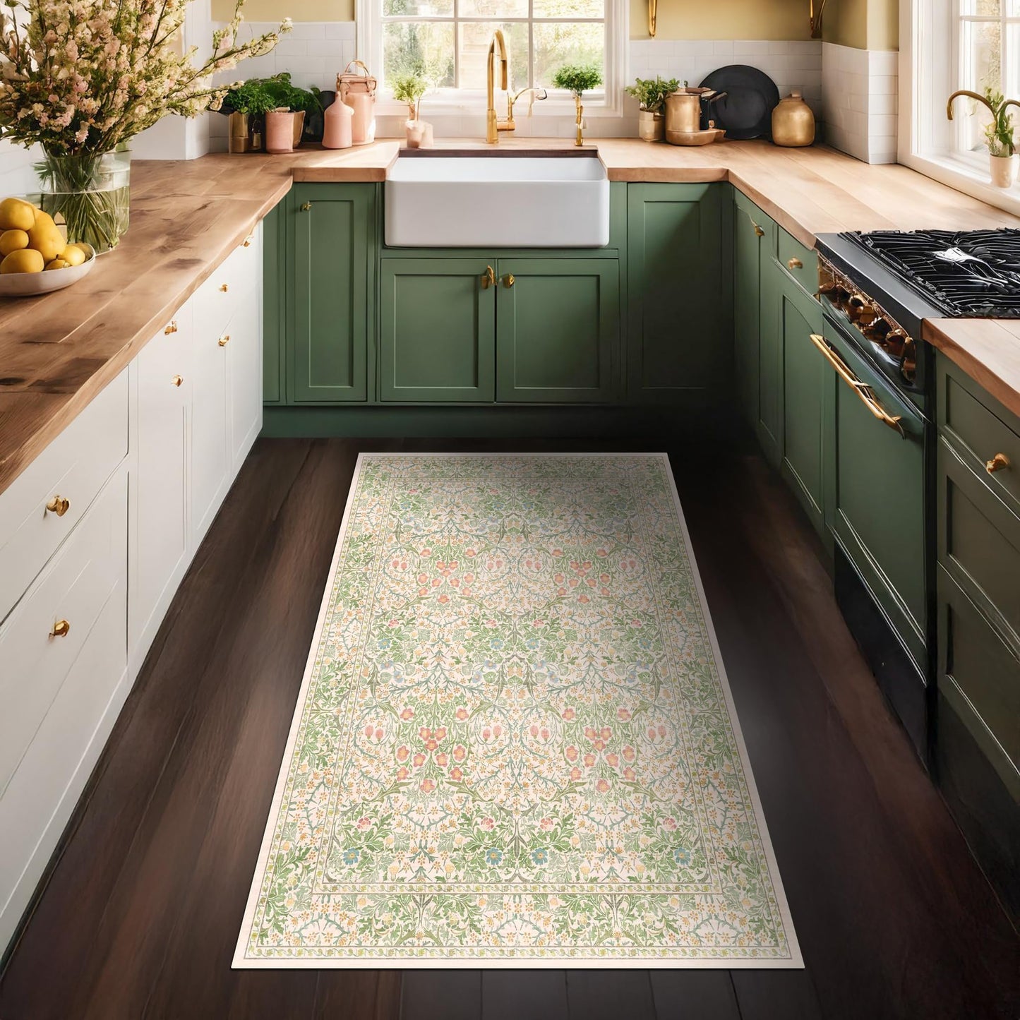 Washable Neutral Floral Living Room Rug, 3x5 Area Rugs for Bedroom, Nursery, Kitchen, Large Entryway, Vintage Non-Slip Throw Rug Low Pile Stain Resistant (3x5 Garden Green)