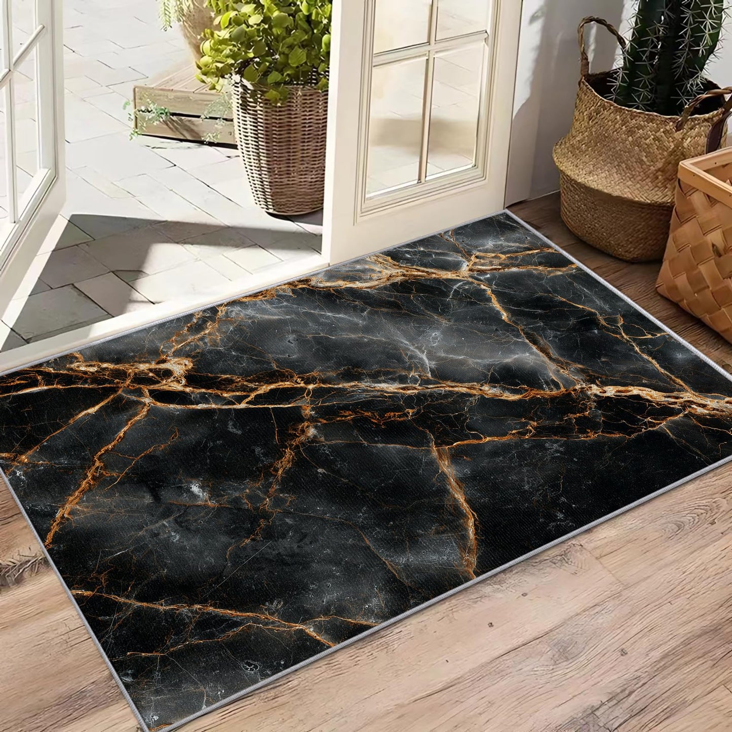 Aquailis Marble Rugs for Bedroom - Agate Rug, 5x6 Area Rug, Modern Abstract Washable Rugs for Bedroom, Black and Gold Living Room Area Rug, Marble Swirl Home Decor, Modern Gifts for Men