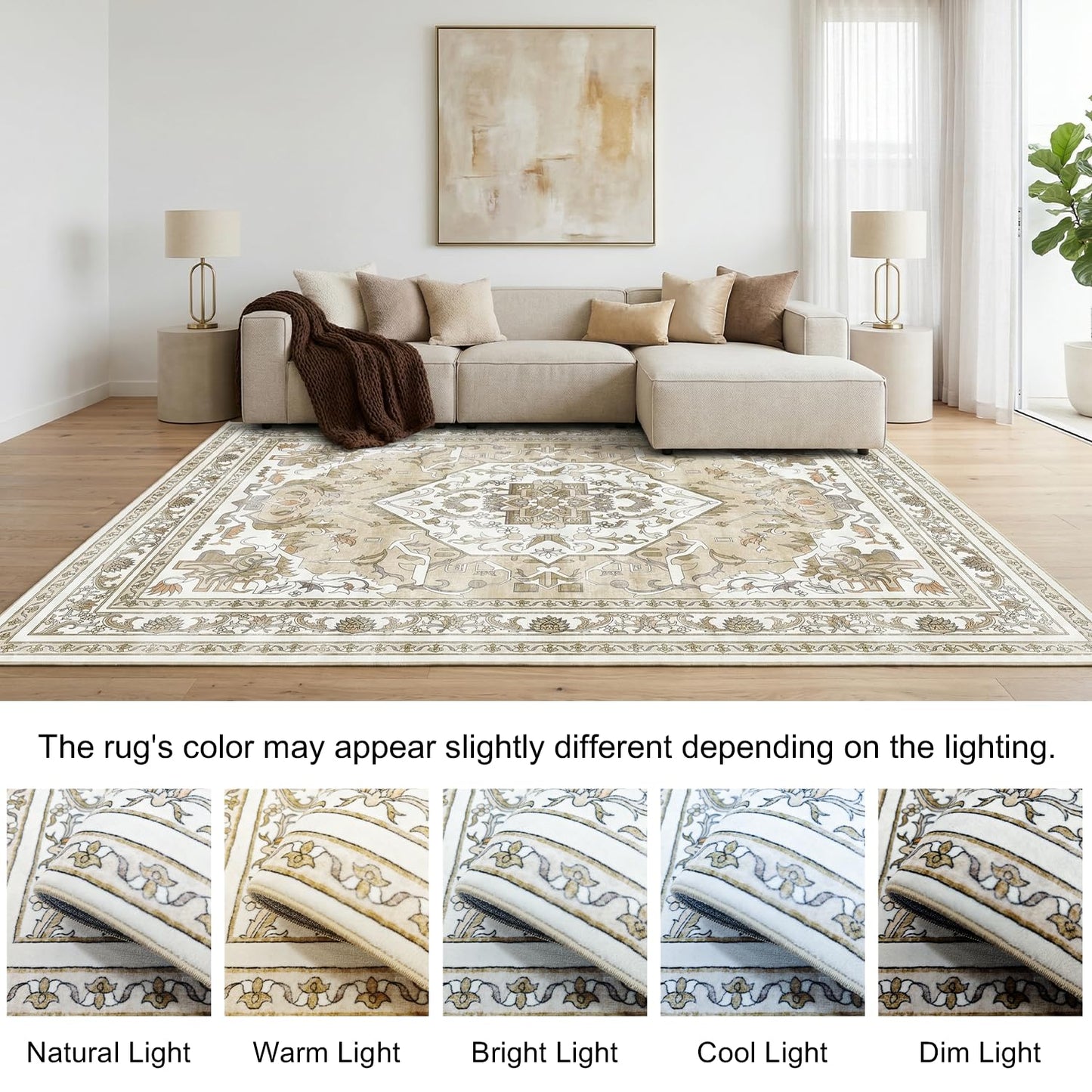 Cnythlis Large Washable Area Rug 8'x10' for Living Room, Water-Resistant, Non Slip Distressed Traditional Medallion Style Rug for Bedroom, 0.26" Low Pile, Pet Friendly Soft Faux Wool, Beige & Ivory