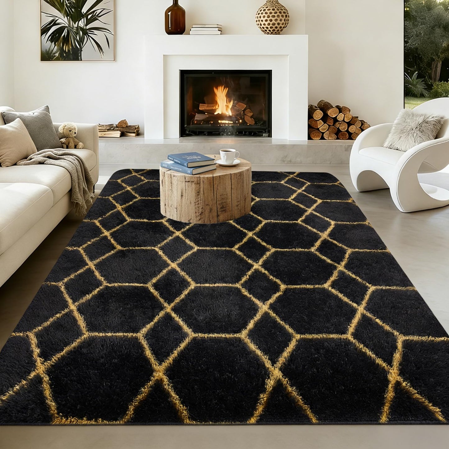 4x6 FT Soft Rug for Living Room, Geometric Shag Soft Area Rug, Classic Rug Anti-Skid High Pile Fluffy Carpet for Kids Room Nursery, Dorm Home Decor