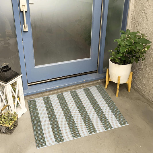 Sungea Green and White Striped Rug-2x3 Front Door Mat Outdoor,Washable Reversible Porch Rug Cotton Hand-Woven Spring Doormat, Foldable Layered Door Mats for Entryway/Farmhouse