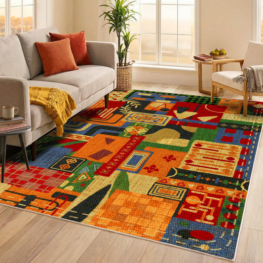 Washable 4x6 Vintage Patchwork Area Rug, Boho Tribal Geometric Colorful Rugs for Living Room, Non-Slip Low Pile Indoor Carpet, Vintage Rustic Rug for Dining Room Bedroom Office Entryway Decor