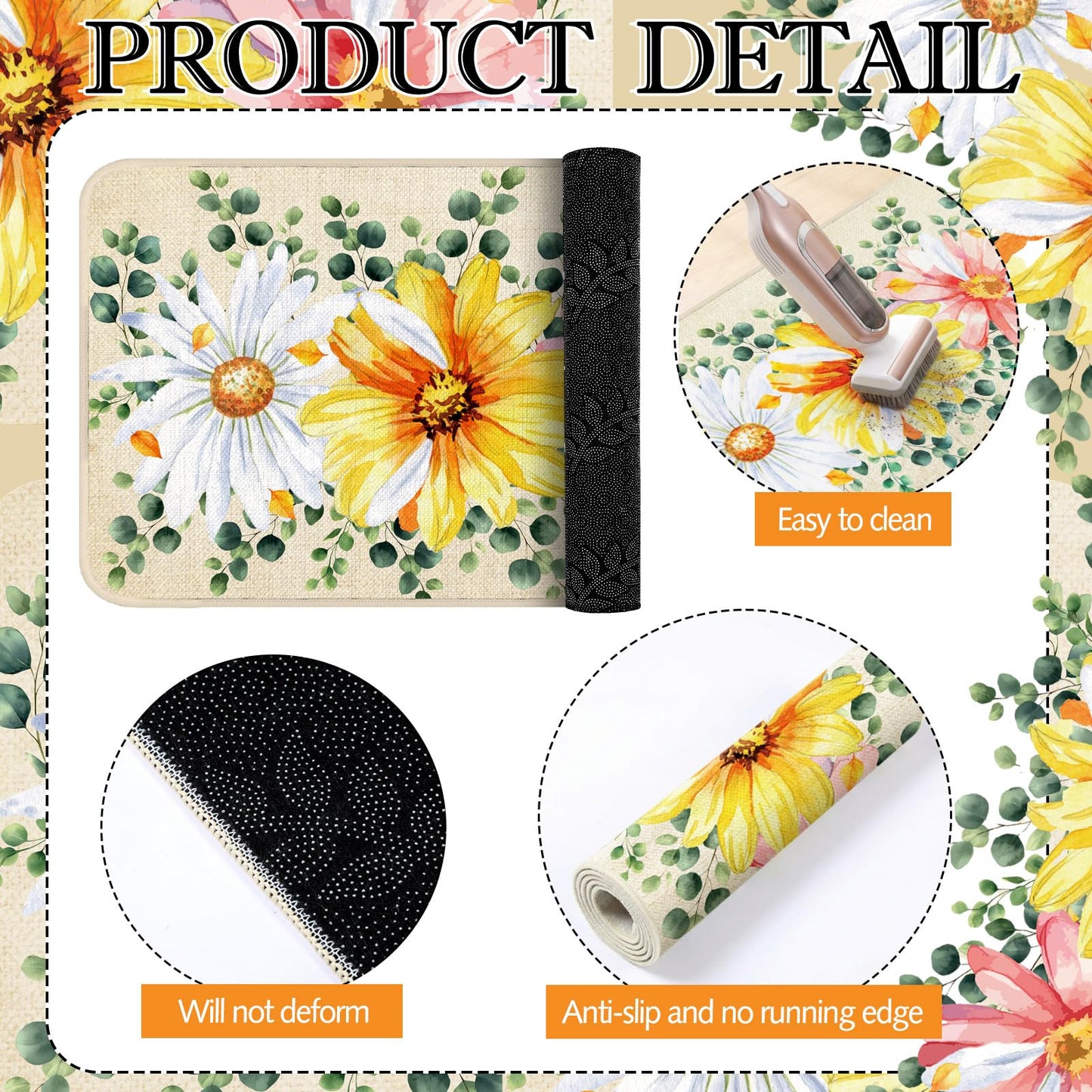 Bencailor 3 Pcs Spring Kitchen Rugs and Mats Set Daisy Non Slip Farmhouse Spring Cabin Mats for Floor Home Bathroom Decor