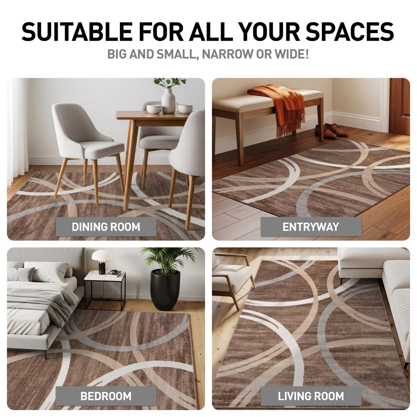 Rugshop Modern Wavy Circles Design Area Rug, Fade-Resistant Carpet for Bedroom, Office, or Small Spaces, Brown, 3'3" x 5'