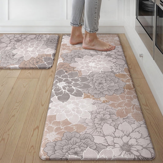 GENIMO Kitchen Mats for Floor, Kitchen Rugs Non Slip Washable Sets of 2, Waterproof Cushioned Anti Fatigue Mat, Floral Runner Rug for Laundry, Sink, Office, Home, 17.3"x47"+17.3"x30", Taupe Grey