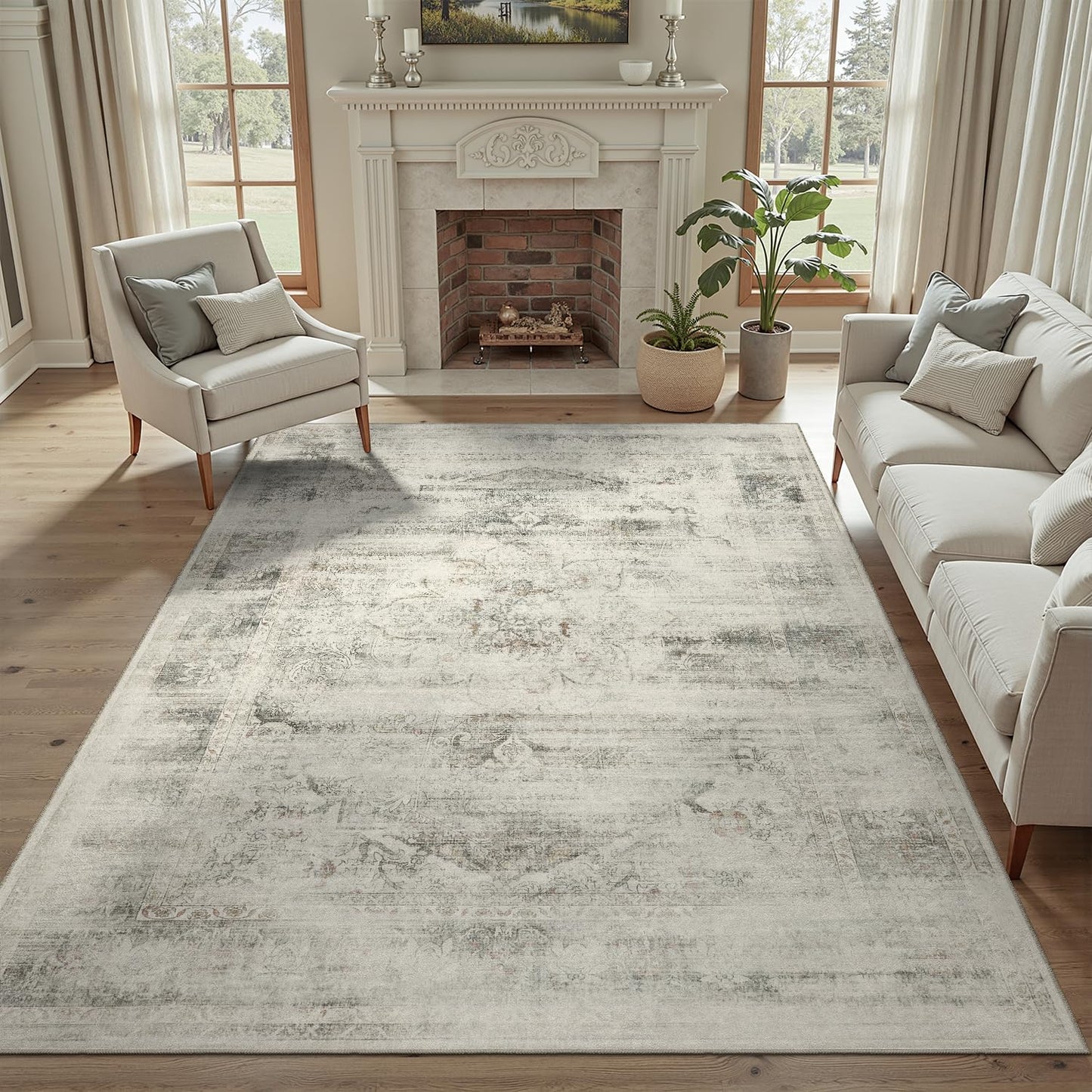 DCX 5x7 Vintage Rug, Machine Washable Stain Resistant Distressed Beige Rug, Kid & Pet Friendly with Rubber Back Non Slip Soft Low Pile Large Carpet for Living Room, Bedroom, Home Office