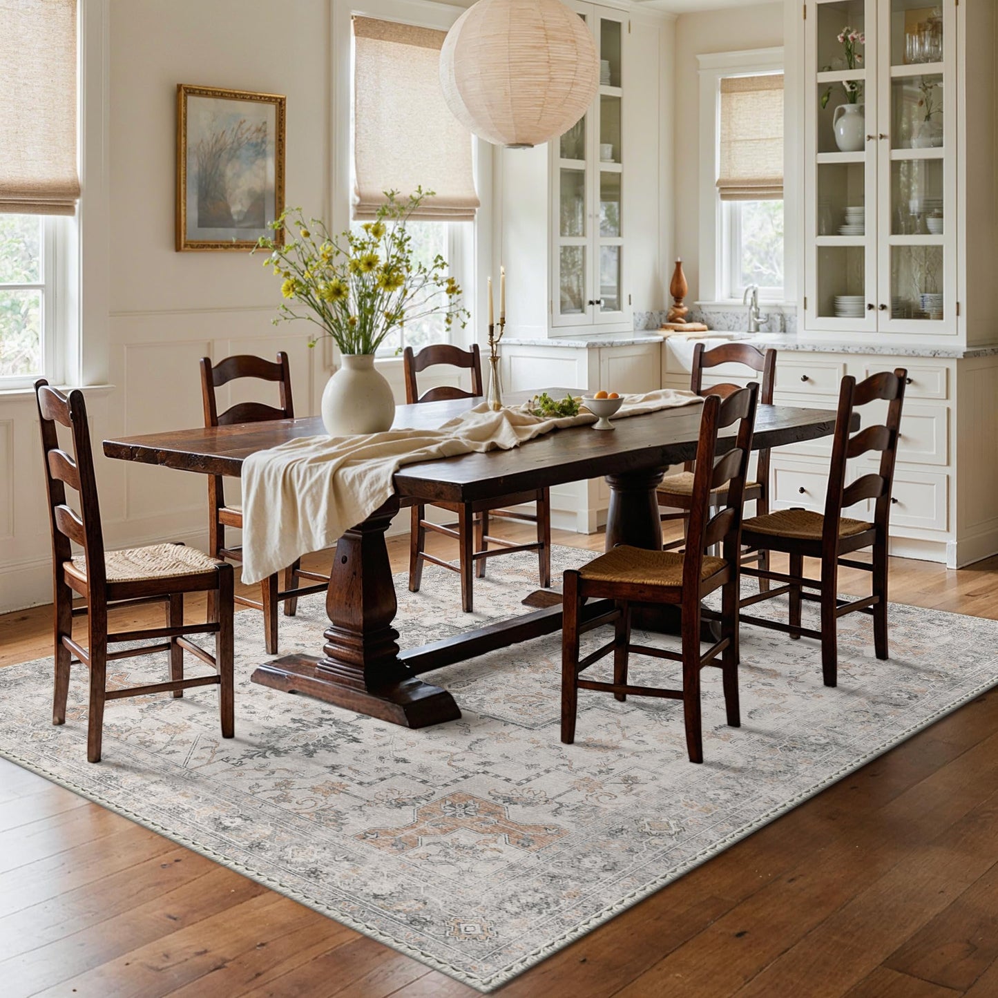 GENIMO 8x10 Area Rugs for Living Room, Machine Washable Non Slip Vintage Area Rugs, Low Pile Lightweight Print Rug for Bedroom, Dining Room, Home Office, Light Taupe Brown