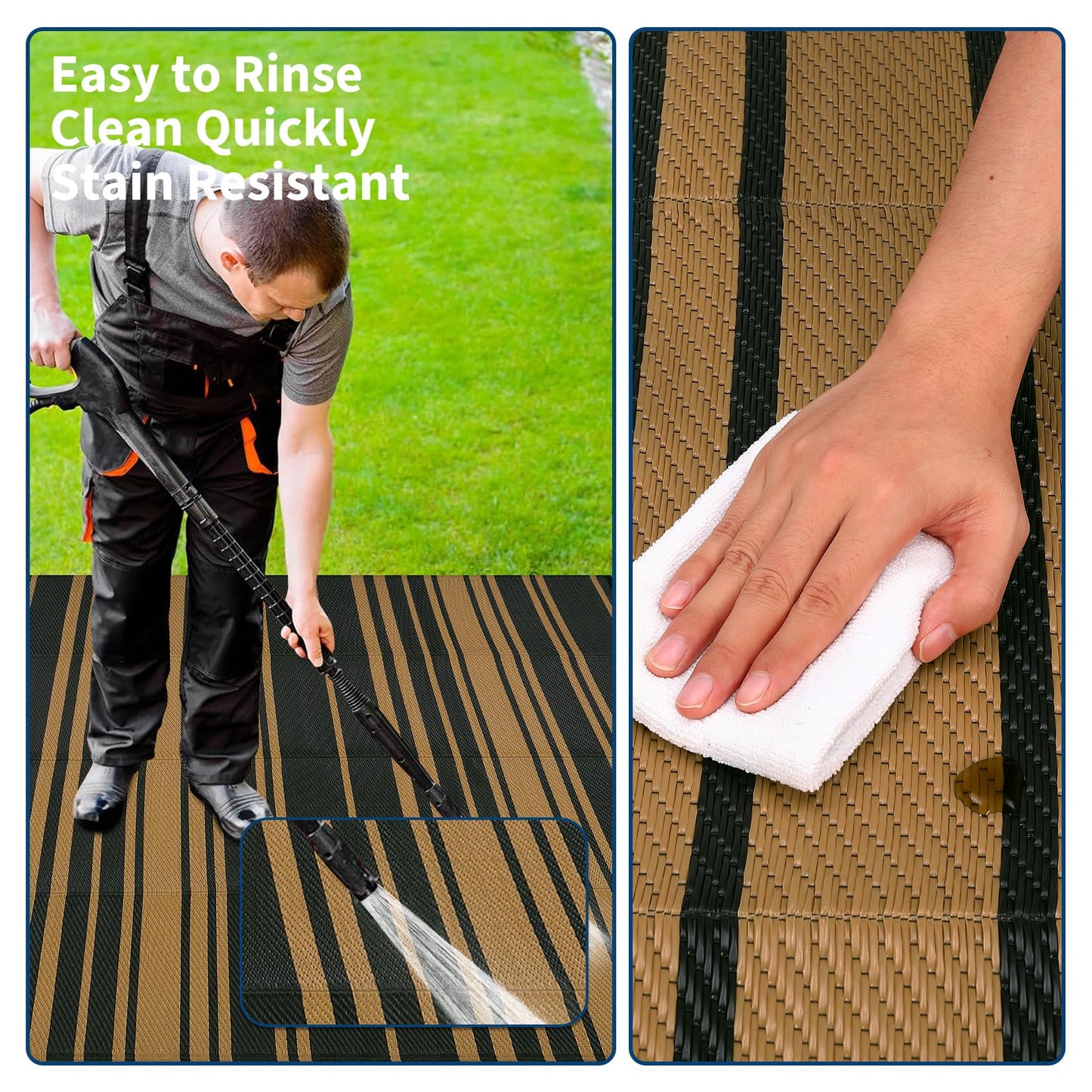 Garvee Waterproof Outdoor Rug 8x10 Modern Striped Lines Plastic Straw Patio Camping Rug Indoor Outdoor RV Mat Carpet for Deck Camper Porch Balcony Backyard Picnic, Black Brown