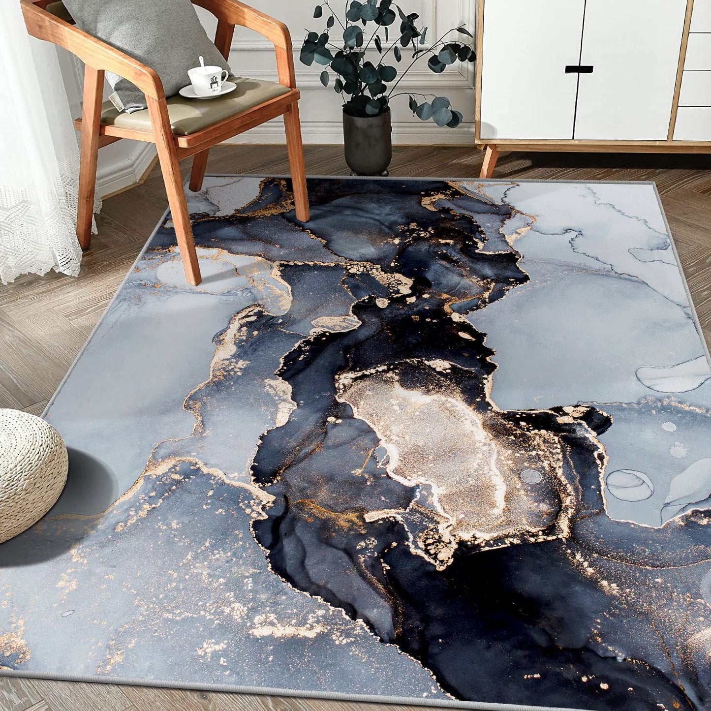 Modern Abstract Collection Area Rug - 3' x 5' Washable Entryway Rug Non-Slip Luxury Marble Texture Area Rug for Bedroom Dining Room Home Office Decor Under Kitchen (Blue/Gold)