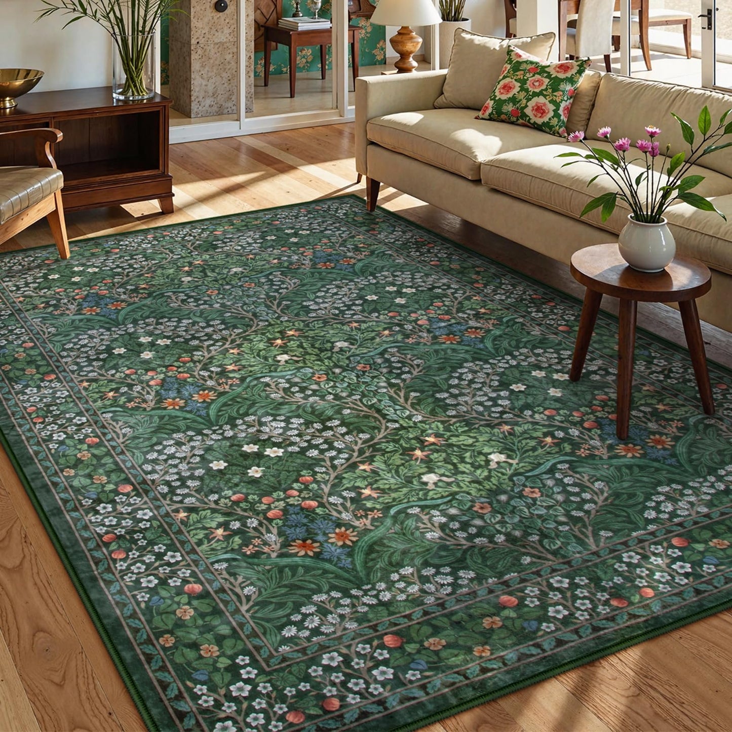 Lahome Dark Green Bedroom Rugs 5x7, Soft Washable Rugs for Dining Room, Boho Non Slip Low Pile Forest Stain Resistance Floral Carpet for Living Room Office Giverny, Dark Green