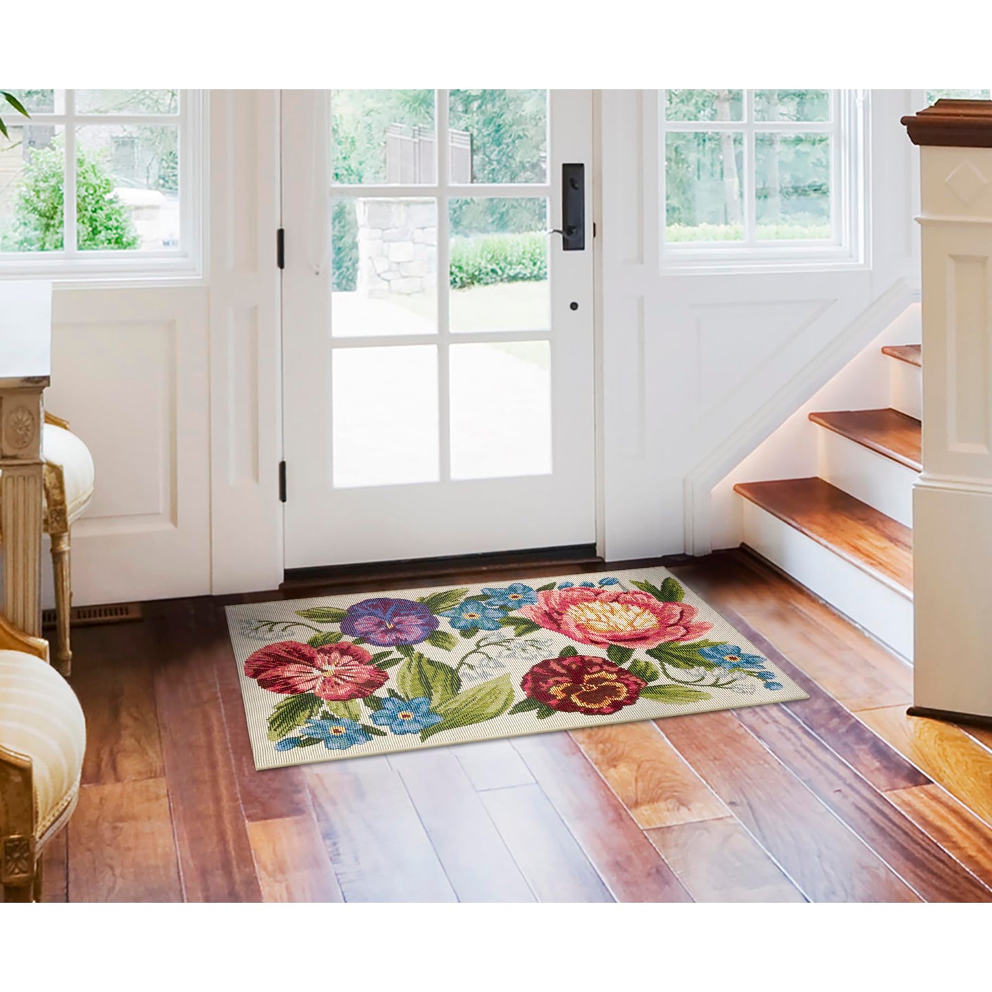 Liora Manne Esencia Machine Washable Non-Slip Low Profile Indoor/Outdoor Mat-Transitional, Garden, Floral, Botanical, Secret Garden Cream 2'5" x 3'11"