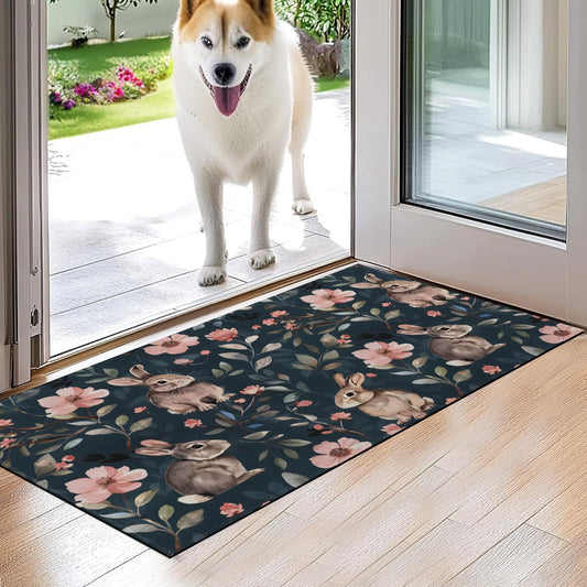 VODRM Bunny Floral Indoor Door Mat,Cute Rabbit and Pink Flower on Dark Background Floor Doormat,17x29.5in,Non Woven Non Slip Rubber Backing Doormats Woodland Rug for Kitchen,Rv Camper Decor Gifts