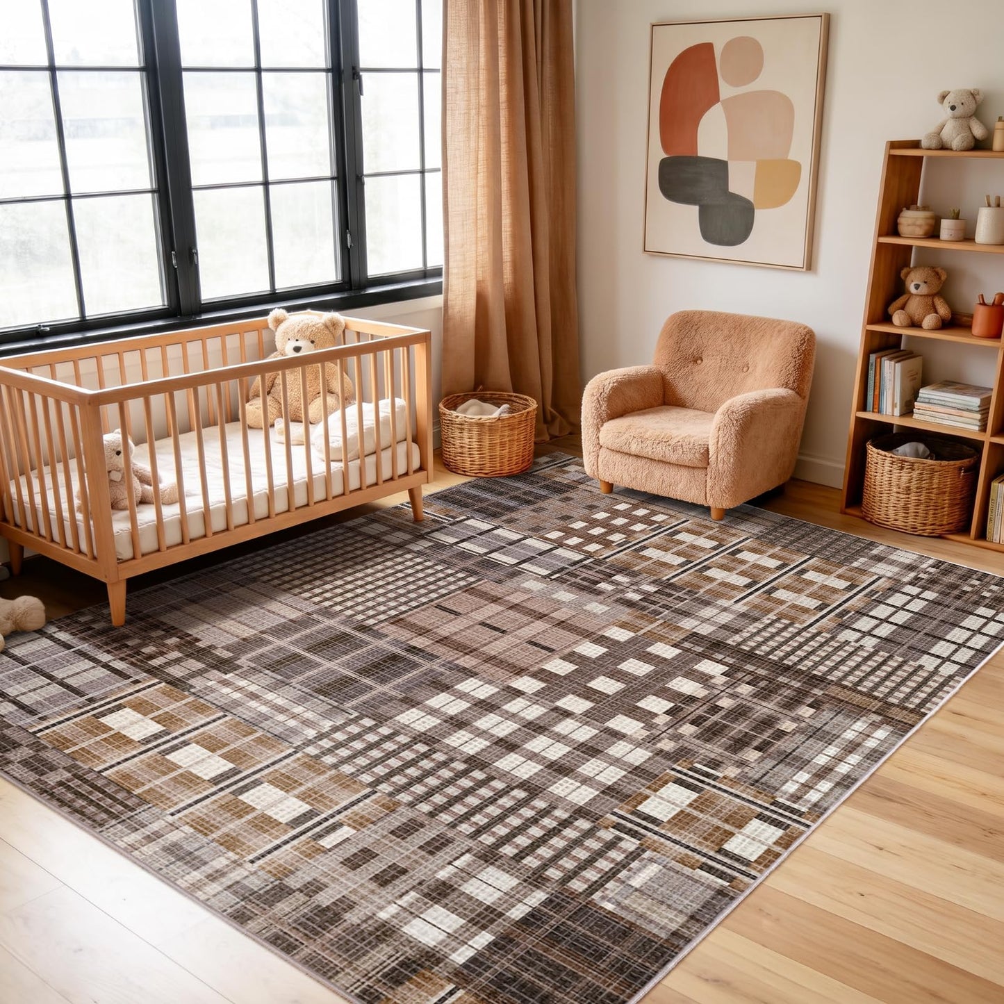 Rezutan Area Rugs 8x10 Washable Non-Slip, Modern Abstract Distress Carpet for Living Room Bedroom Dining Room, Coffee Caramel Brown Grey Chocolate Neutral Soft Carpet Low Pile Foldable Thin Rugs