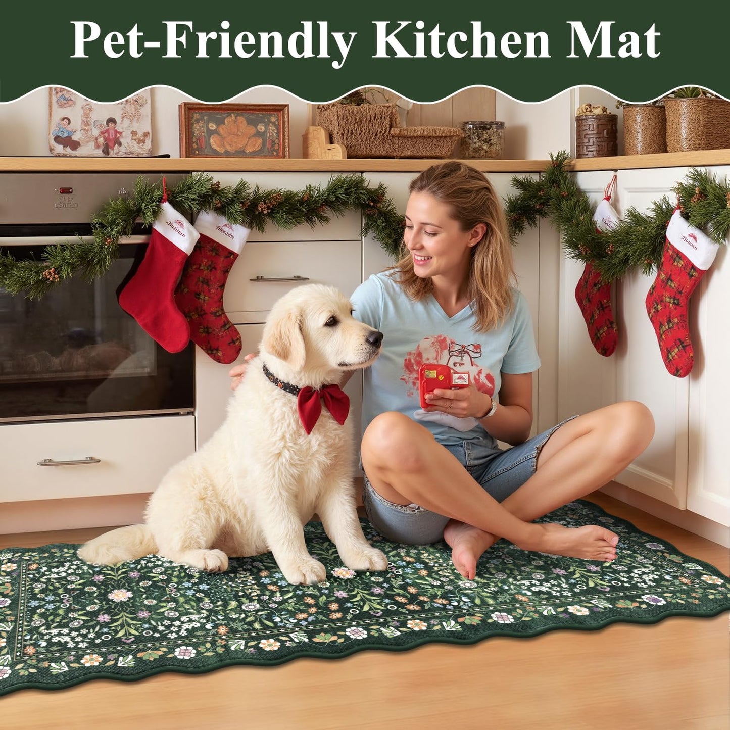 Yamaziot Anti Fatigue Kitchen Rugs Set of 3 - Boho Non Slip Waterproof Kitchen Mats for Floor, Boho Runner Rug for Kitchen Floor, Laundry, Office, 17.3"x29"+17.3"x35"+17.3"x47", Green & Black
