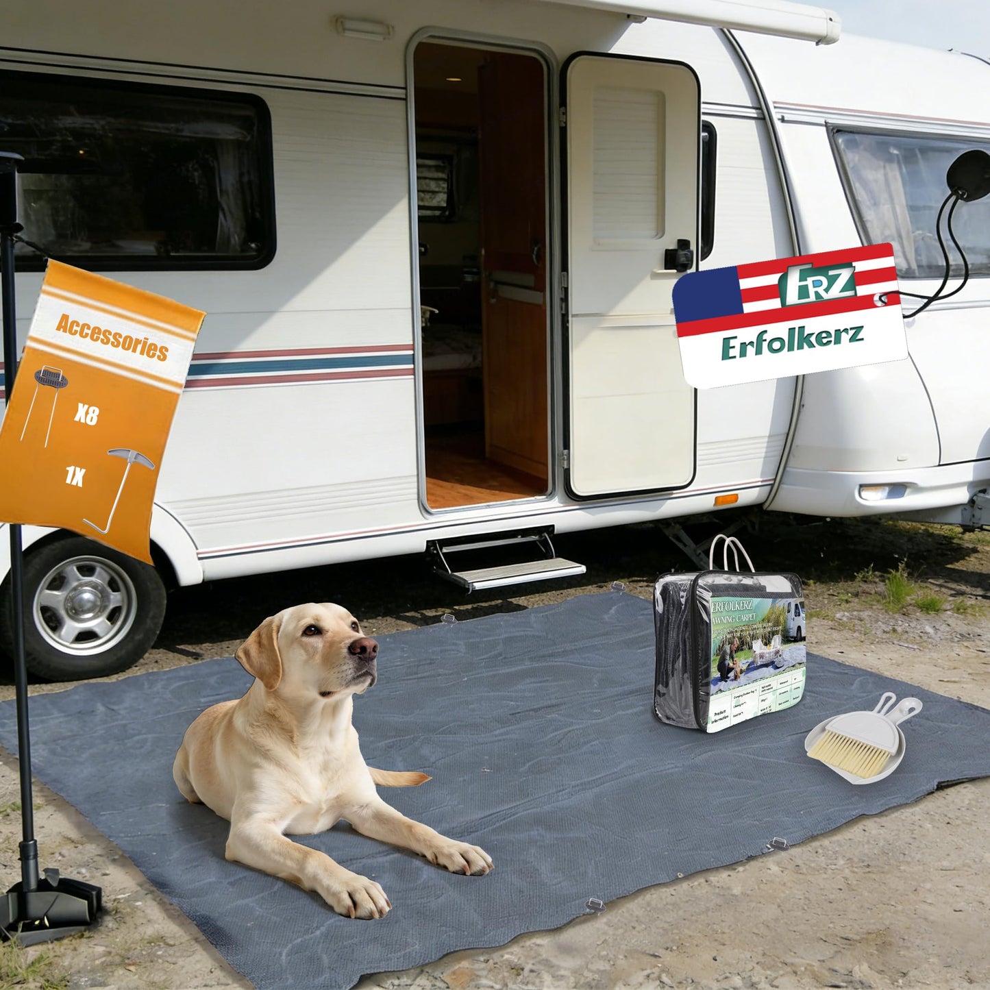 Erfolkerz Awning Carpet HDPE Outdoor RV Rug,Blue-Grey 8'*20' Waterproof Camping Rugs with Eyelets/Broom/Carry Bag/Nails,Highly Robust & Washable,Large Outdoor Area Mat for Patio/Backyard/Picnic/Beach