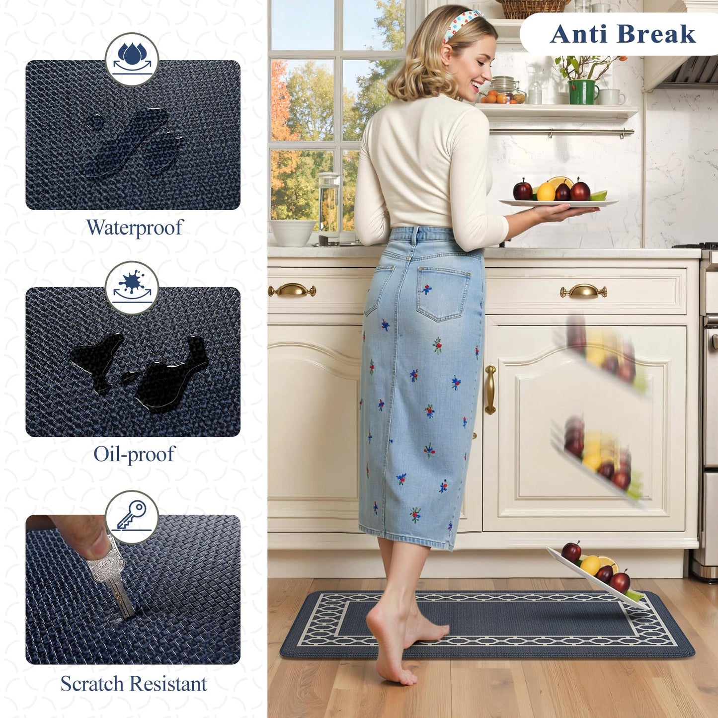 LEEVAN Kitchen Mats for Floor Set of 2,Anti Fatigue Mats for Kitchen Floor,Navy Blue Cushioned Non Slip Boho Standing Mat,Waterproof Memory Foam Comfort Kitchen Floor Mat for Sink(17"x29"+17"x47")