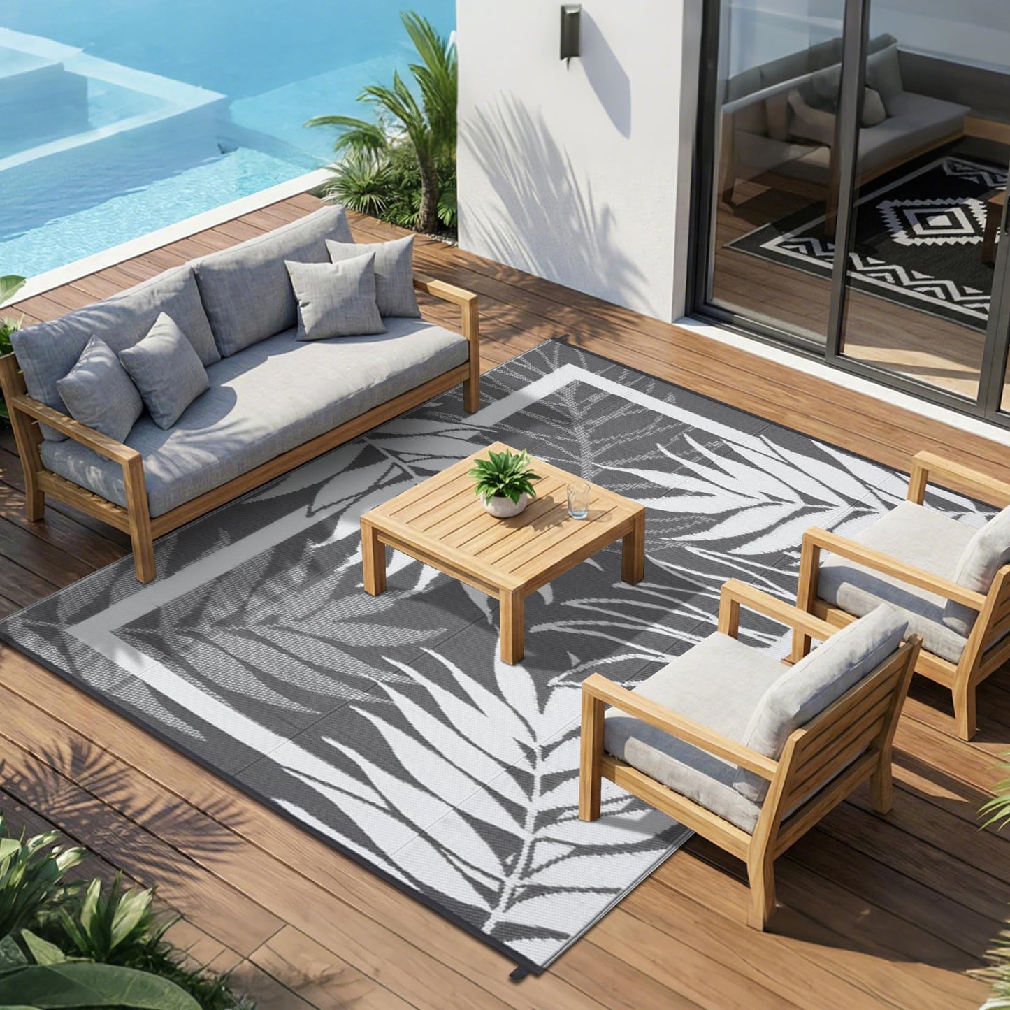 GAOMON 9'x18' Outdoor Rug Waterproof, Reversible Plastic Straw Rug for Large Patio, Backyard, Poolside, Deck – UV Resistant, Heavy Duty, Easy Clean Outdoor Carpet for High Traffic, Grey&White