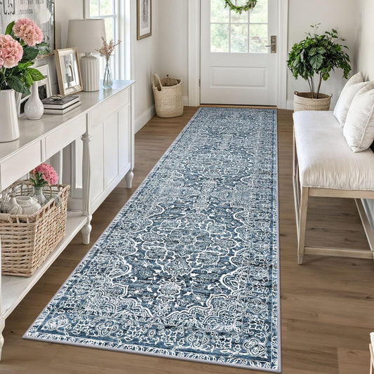 KUTA Vintage Runners for Hallways 2.6x10 Non-Slip, Blue White Washable Kitchen Rug Ultra Soft Printed Distressed Traditional Medallion Floor Carpet for Bedroom Living Room