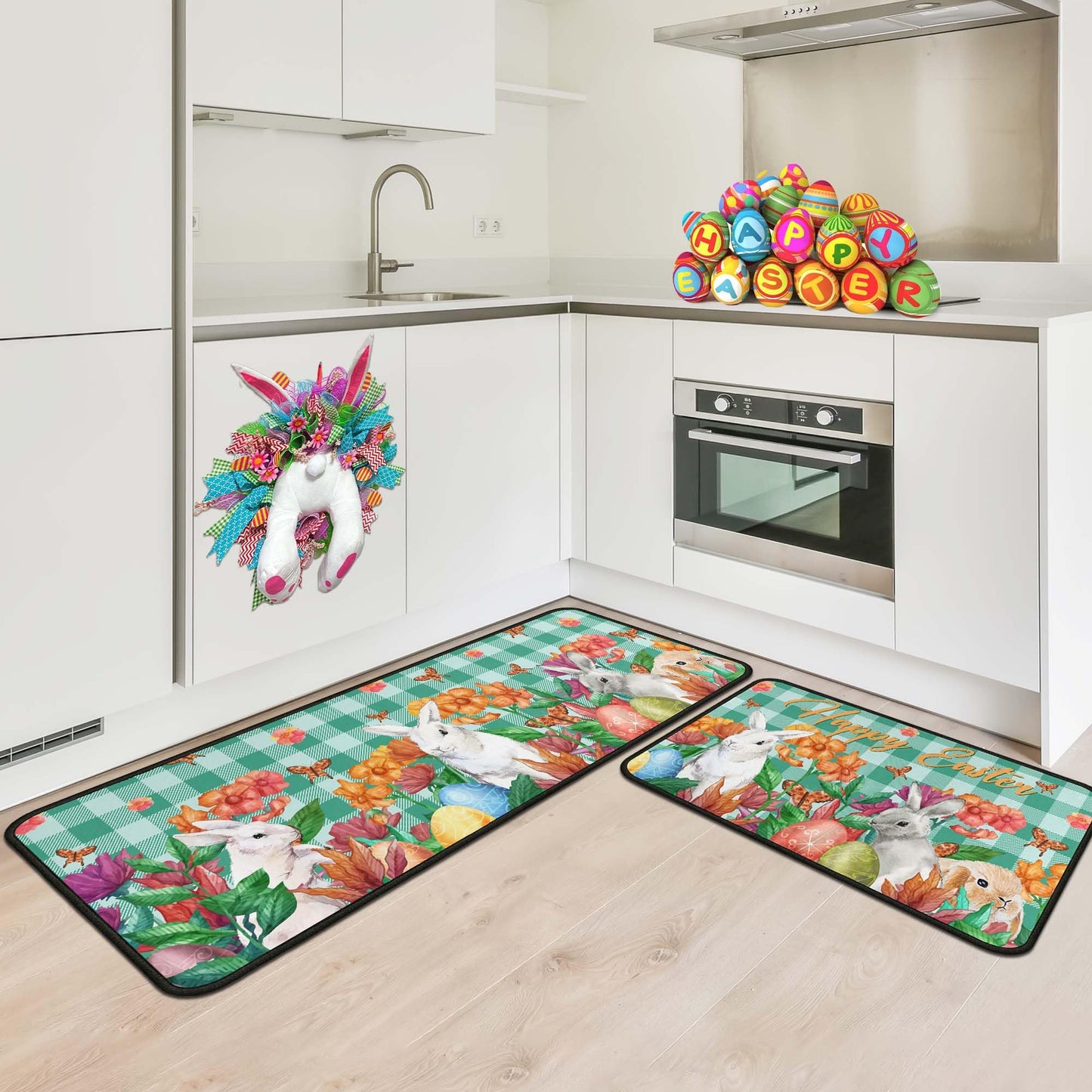 OUXIOAZ Happy Easter Flowers Eggs Bunny Rabbits Kitchen Rugs Set of 2, Spring and Summer Holiday Decorations for Home Kitchen 17"x47"+17"x30"