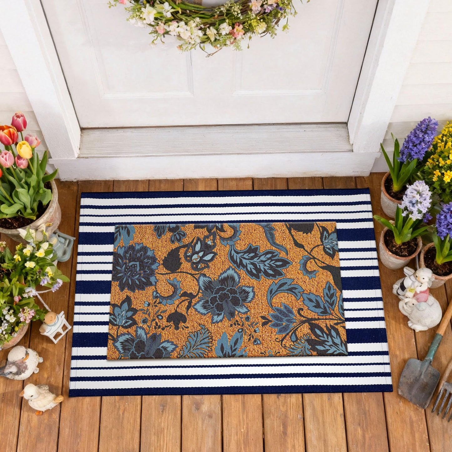 Moucuny 2 Pcs Navy Blue Coir Doormat Outdoor Navy Blue and White Checked Rug Doormats Indoor Outdoor Rugs for Layered Front Door Mats, Porch, Kitchen, Farmhouse, Entryway