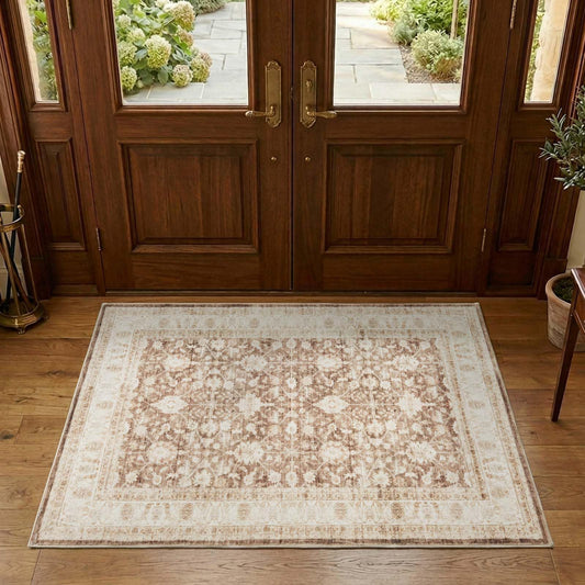 jinchan 3x5 Washable Vintage Area Rug, Distressed Traditional Floral Entryway Accent Rug, Soft Low-Pile Non-Slip Floor Mat for Indoor Foyer, Kitchen Sink Bedroom Bathroom Vanity, Taupe