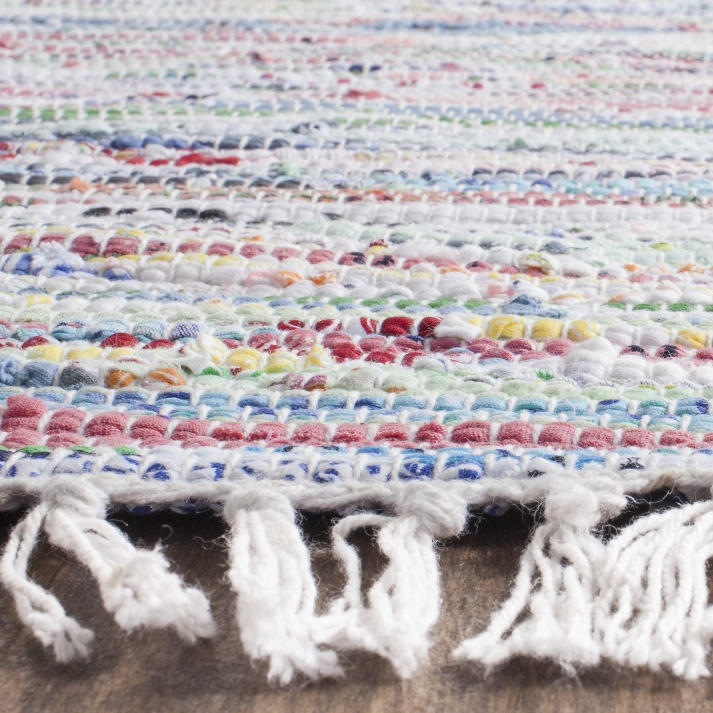 SAFAVIEH Rag Rug Collection Area Rug - 5' x 7', Light Green & Multi, Handmade Boho Stripe Cotton, Ideal for High Traffic Areas in Living Room, Bedroom (RAR125D)
