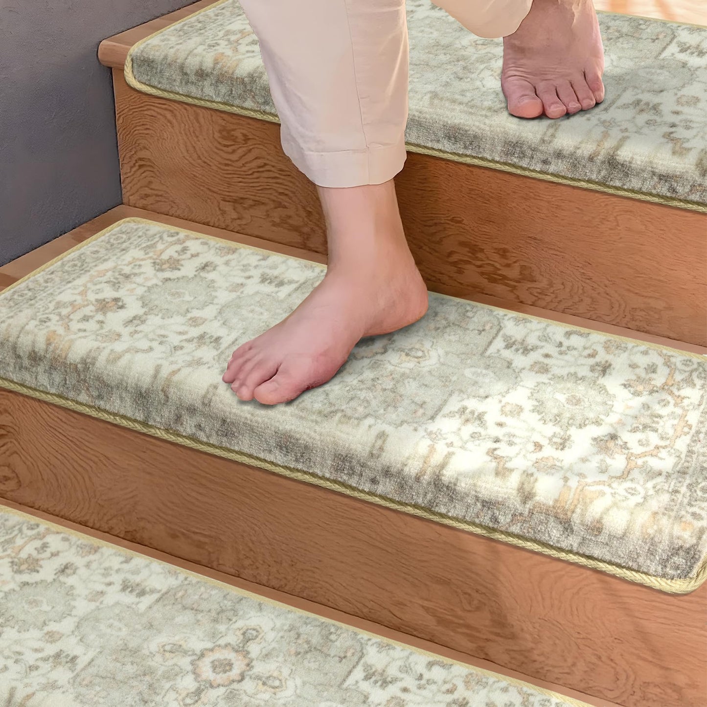 Brakki Bullnose Non-Slip Stair Treads for Wooden Steps, Carpet Stair Treads for Indoor Runner, Pet Friendly Soft Stair Rugs, Edging Stair Protectors Reusable, Washable, 30"x9.5"x1.5" 7pcs, Grey