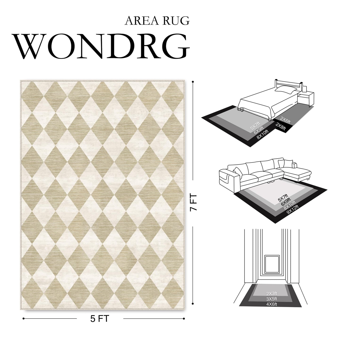 WondRg 8x10 Checkered Beige Area Rug for Living Room Bedroom Washable Soft Modern Non Slip Large Throw Rug Lightweight Low Pile Neutral Carpet Dining Room Office Classroom Nursery Playroom