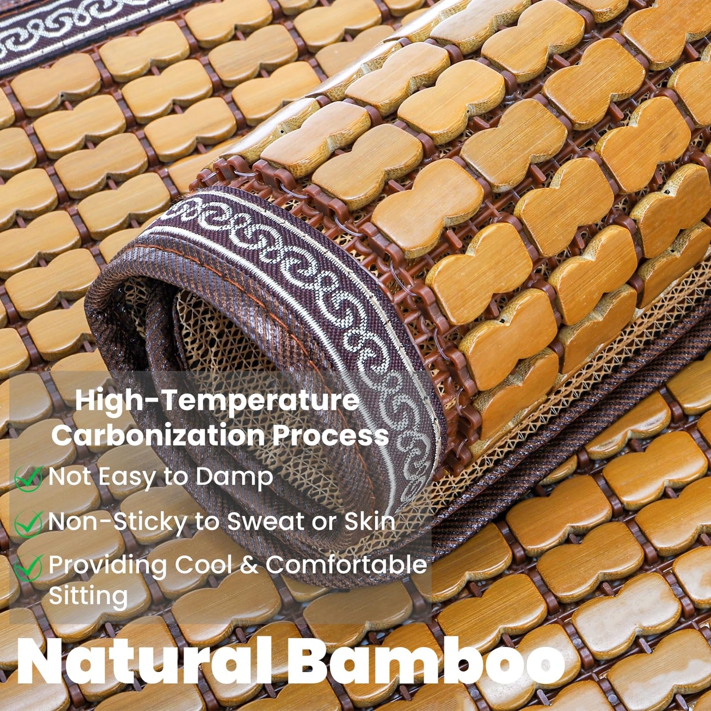 ELFULLY 2 Pcs Bamboo Chair Cushions, 16.5" x 16.5" Breathable Seat Mat for Summer, Anti-Slip Comfortable Seat Pad with Mahjong Design, Natural Carbonized Bamboo Butt Cooler for Car Truck Home Office