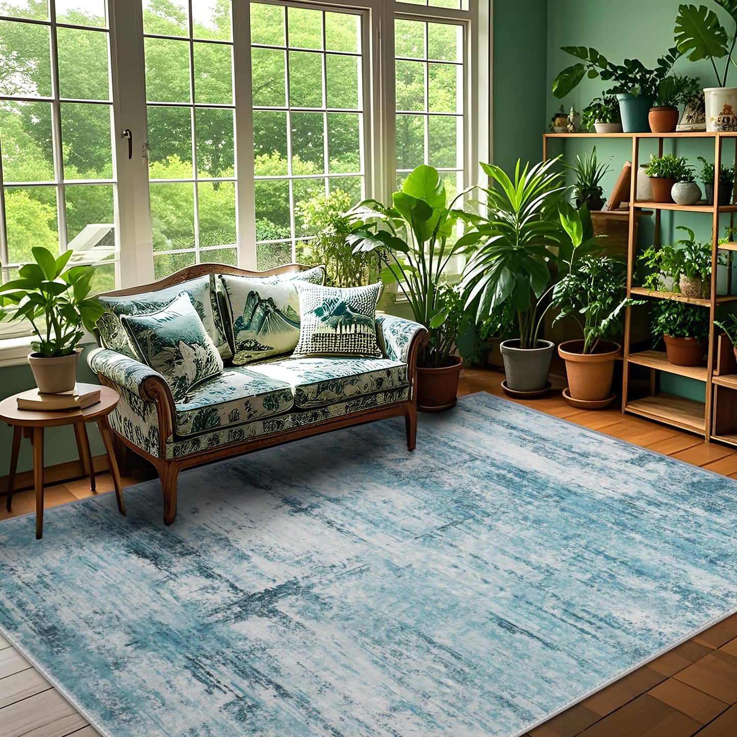 FLYRUGGO 4x6 Abstract Rug for Entryway, Modern Teal Grey Washable Indoor Entry Way Area Rugs, Thin Soft Non-Slip Carpet Door Mat for Dining Room Kitchen Bedroom - Teal+Gray