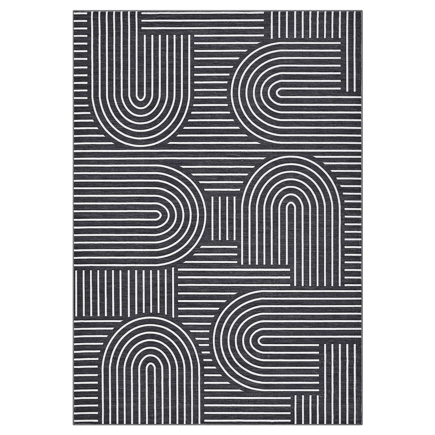 ROYHOME Washable Rug 5x7 Area Rugs for Living Room, Abstract Rug for Bedroom, Soft Rainbow Non Slip Throw Rugs with Rubber Back, Low Pile Stain Resistant Boho Geometric Carpet for Dining Room, Black