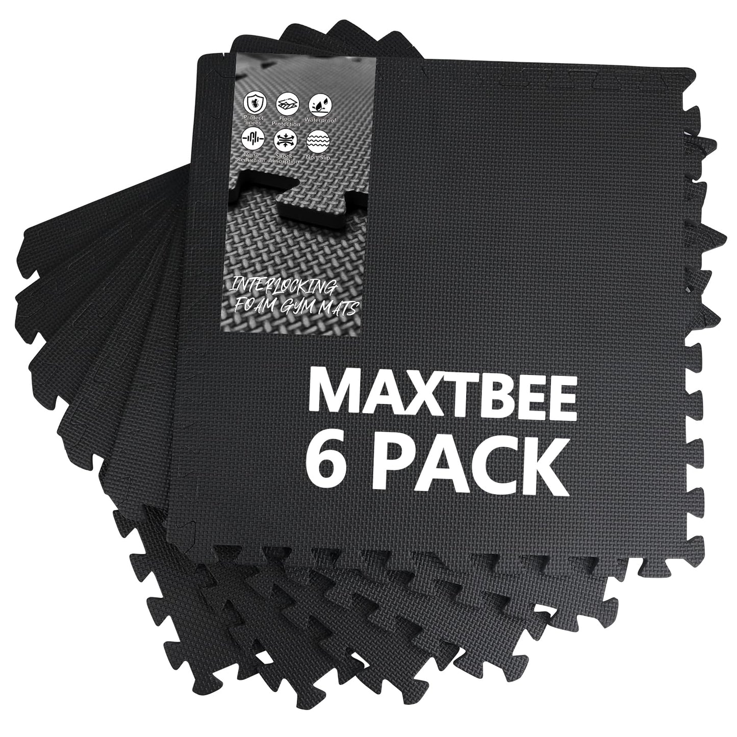 MAXTBEE 1/2 inch Thickened Interlocking Foam Floor Mats (24 Sq Ft), 6 Tiles 24X24in High Density EVA Foam Gym Flooring for Home Gym, Weightlifting, Kids Play Area, Non-slip, Free Splicing.