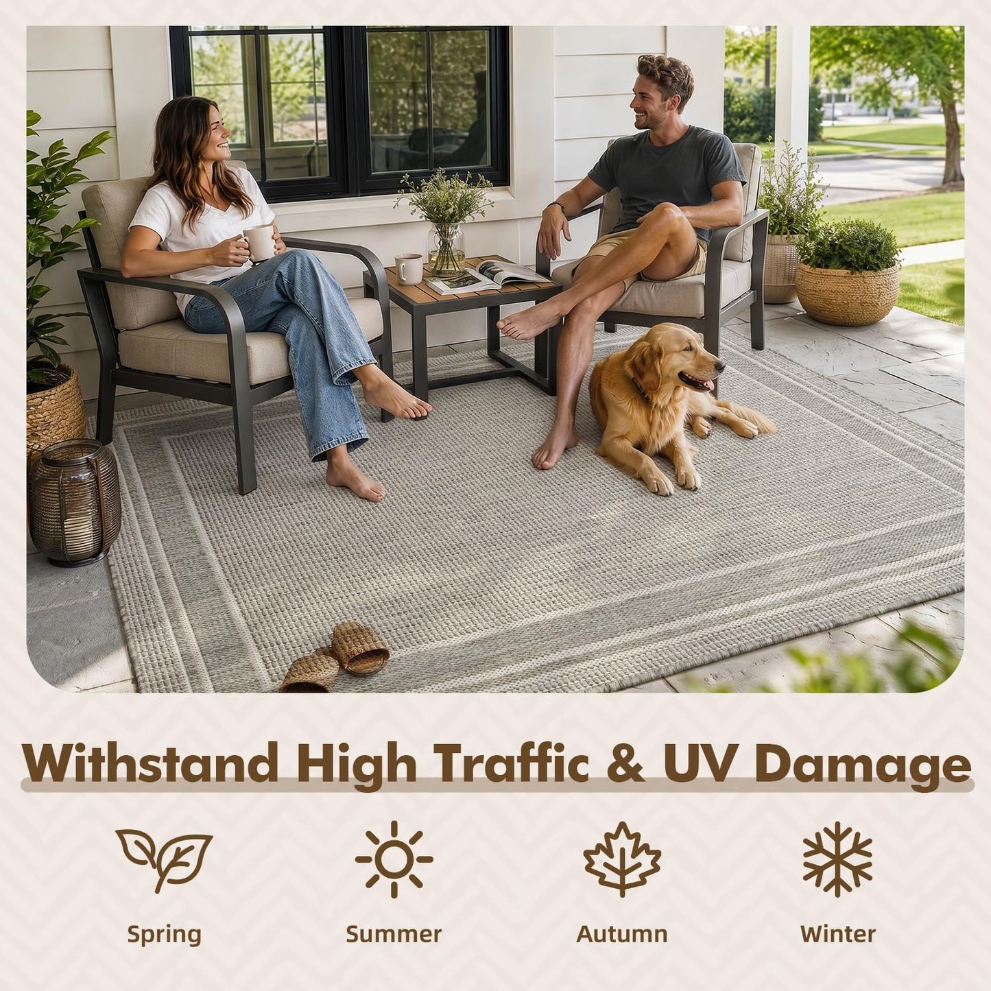 MontVoo-Outdoor Rug-Patio Rug 8x10 ft Polypropylene Indoor Outdoor Rugs Outdoor Carpet for Patio Deck Balcony Porch, Textured Weave, Durable for High Traffic, Fade-Resistant, Modern Silver Grey