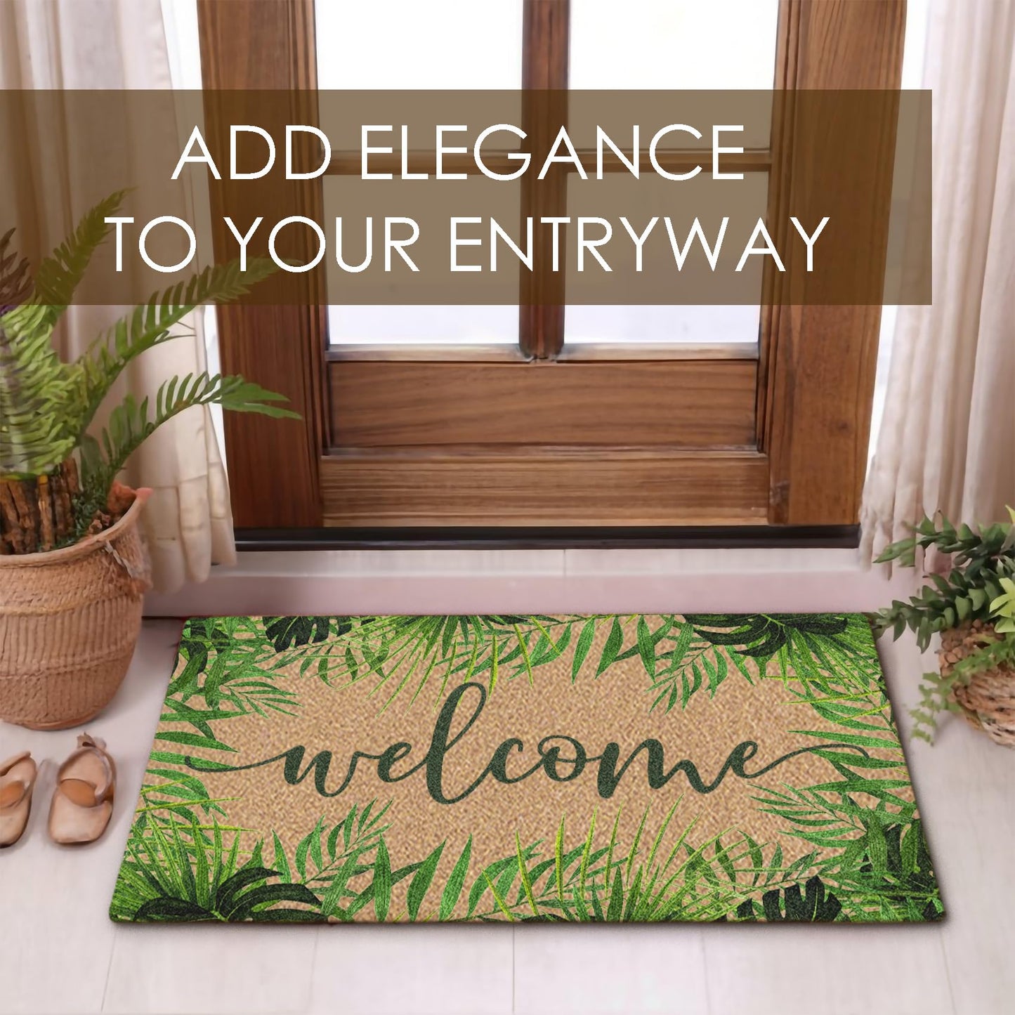 BitKAM Tropical Green Botanical Coco Coir Doormat Door Welcome Mat for Home Entrance Front Door, Summer Fern Monstera Leaf Welcome Floor Mats for Outdoor Outside Entryway 30x17 Inch