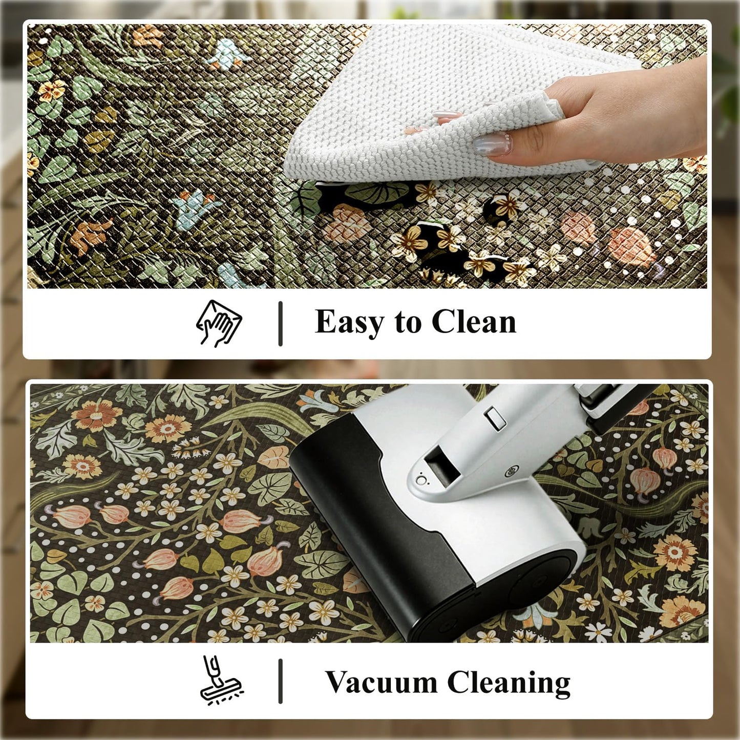 Collive Kitchen Mats for Floor, Cushioned Anti Fatigue Mat Black Floral Rugs Non Skid Waterproof Sink Rug, Memory Foam Comfort Standing Mat for Office, Laundry, Desk, 24''x71''